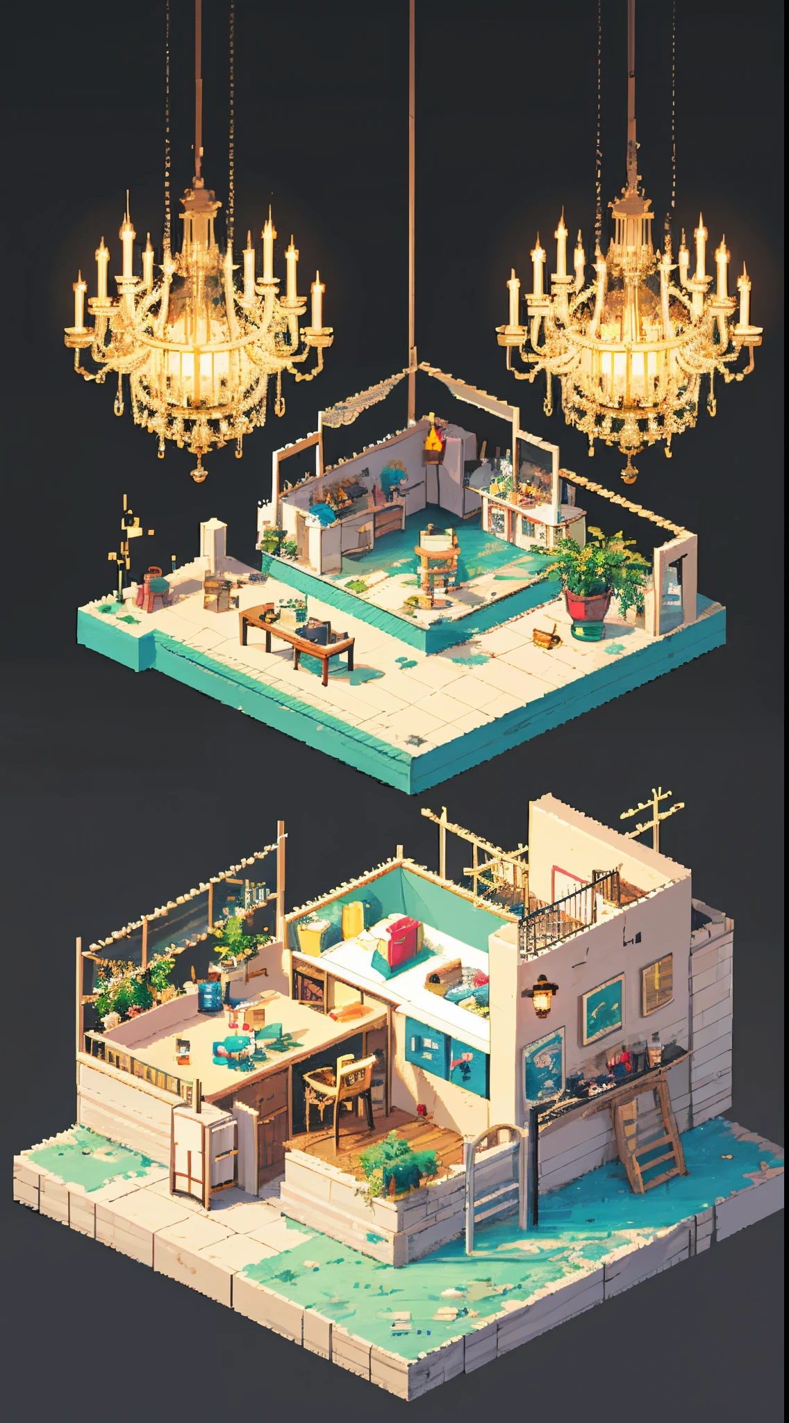 pixel, pixel art, chandeliers and decorated salons, isometric perspective, simple background,