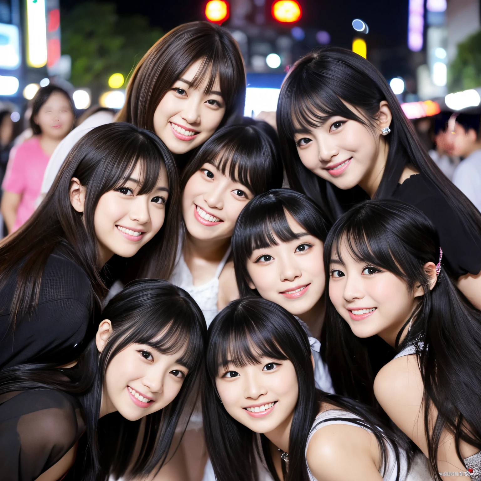 Best-quality, Masterpiece, Ultra-High-Resolution, (Photorealistic:1.4), Raw-Photo, Extremely-Details, Perfect-Anatomy, 

at midnight, on street in Shibuya, Tokyo, 

3girls, group-shot, all members of the most famous Japanese idol group, all 12-years-old, 
(((all tripping on cocaine, all high on cocaine, all completely drunk))), all innocent smile, 

all detailed extremely cute faces, all detailed extremely big black solid circle eyes, all detailed extremely beautiful hair, all detailed extremely beautiful bodis
