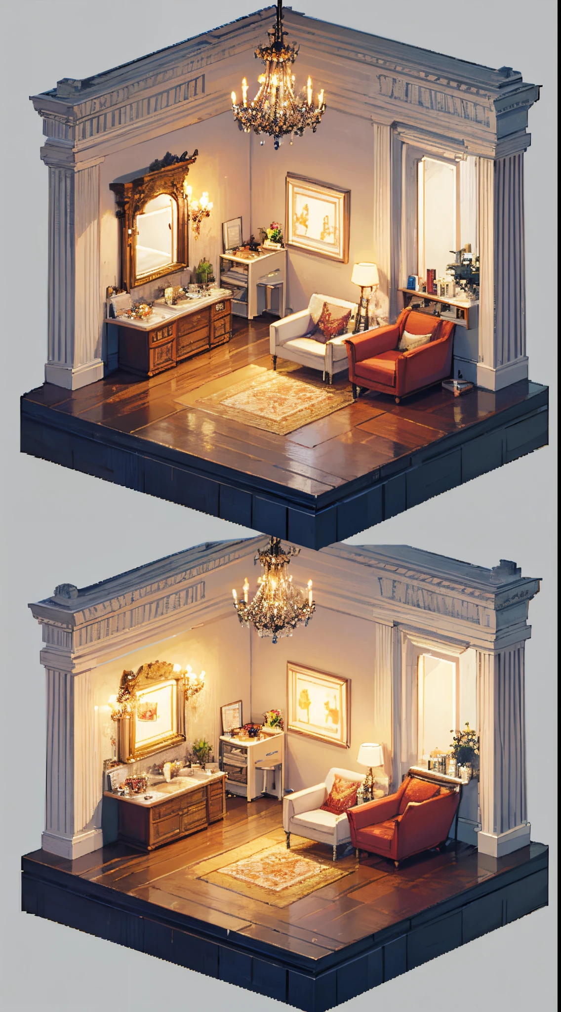 pixel art, luxurious bedrooms, chandeliers and decorated salons, isometric perspective, simple background,