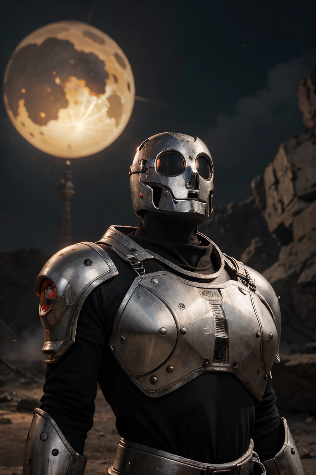 A crazy toy with a big one A Soviet one-eyed robot from CCCP, y casco Estilo, Pinzas en las manos, Cabeza de TV, cabeza de alfiler, camuflaje Oro Plata Rosa Oxidado, Atmosphere in the crater of a super-detailed meteorite, centro, Beautiful, Soft lighting, centrado en el personaje, 4k-resolution, Photorealistic rendering,