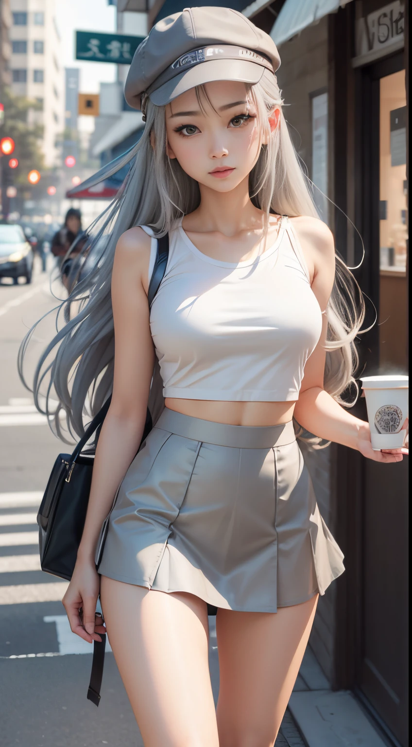 masutepiece, High quality, Best Quality, Beautiful, hard disk, Perfect Lighting, Detailed face, Detailed body, 1 girl, Solo, (Long gray hair), thin ankles,Brown eyes, medium breasts, ((White underwear)), ((Short skirt in grey)), (Gray hat), Silver High Heels,In front of the café,Photograph the whole body(Cover your screen from head to toe),カフェの椅子で🍩☕∗*゚