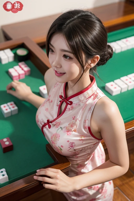 Girl playing mahjong,Mahjong table,perfect body figure,expose arms,looking at viewert,extrovert,Mahjong Hall,quadratic element,style of anime,Scene mahjong parlor,Mahjong cards,open air,open mouth and laugh,teahouse,Ball head,on cheongsam