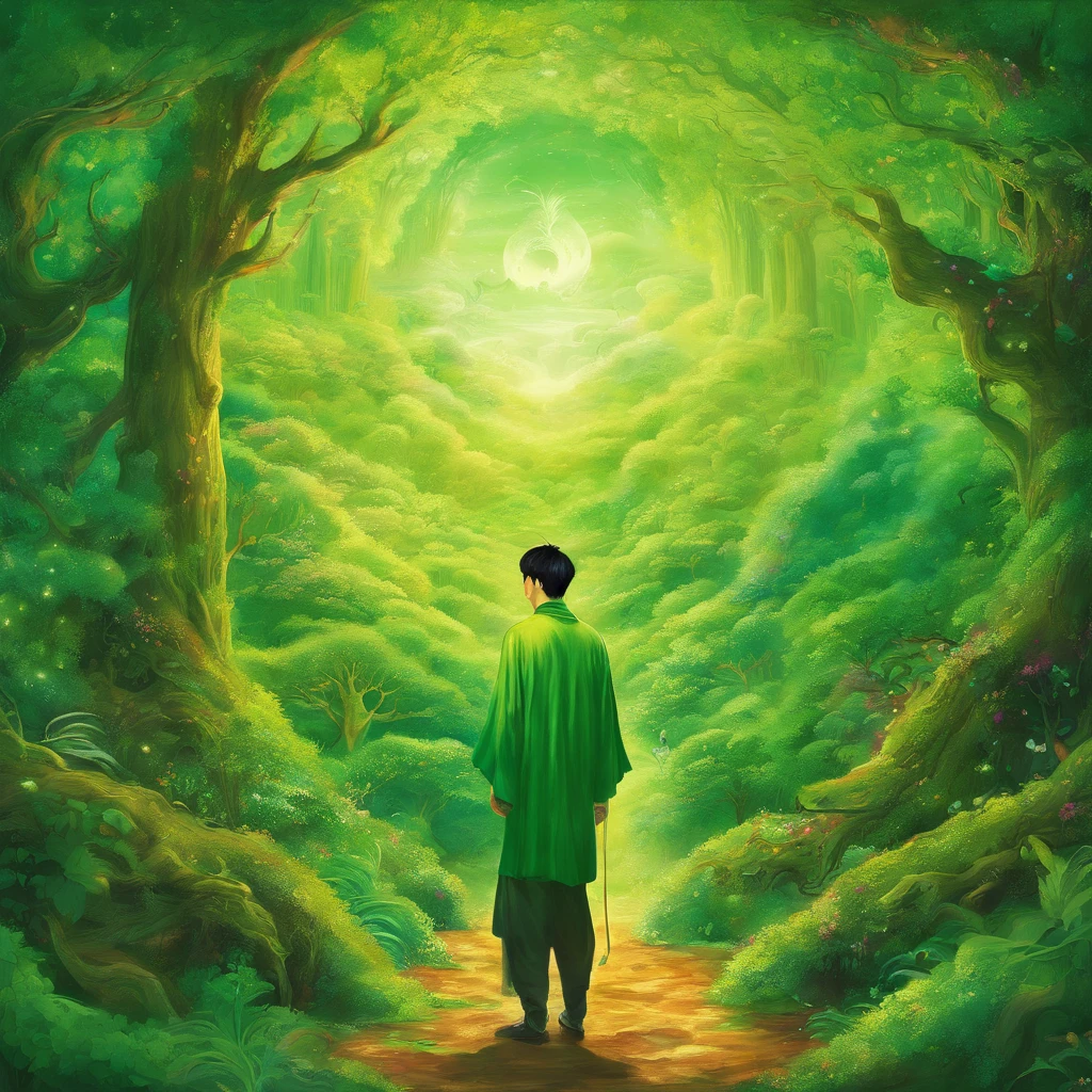 Korean guy in a story, fantasy, scientist, green, forests