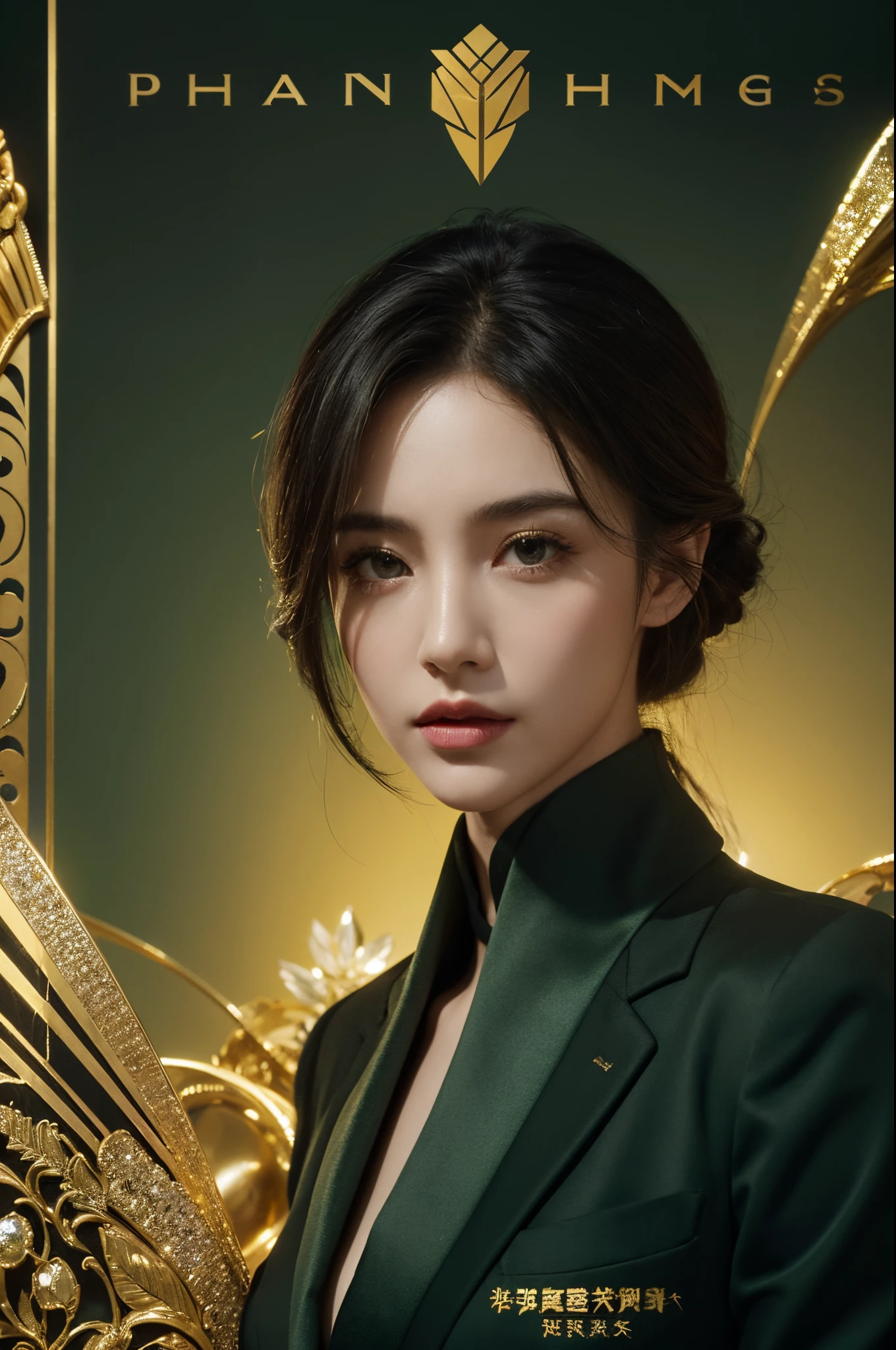 Make an advertising poster,Use dark green as the background color of the poster,Mainly dark gold diamonds,Gilt texture,commercialization,sense of science and technology,Dotted with phantoms of high-rise buildings