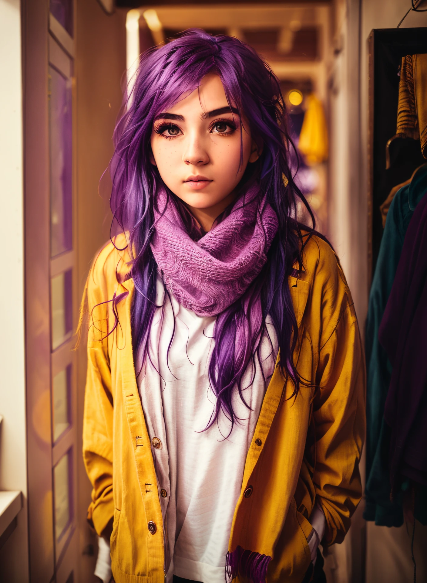 A girl with purple hair, purple eyes, beige clothes, and a yellow scarf.