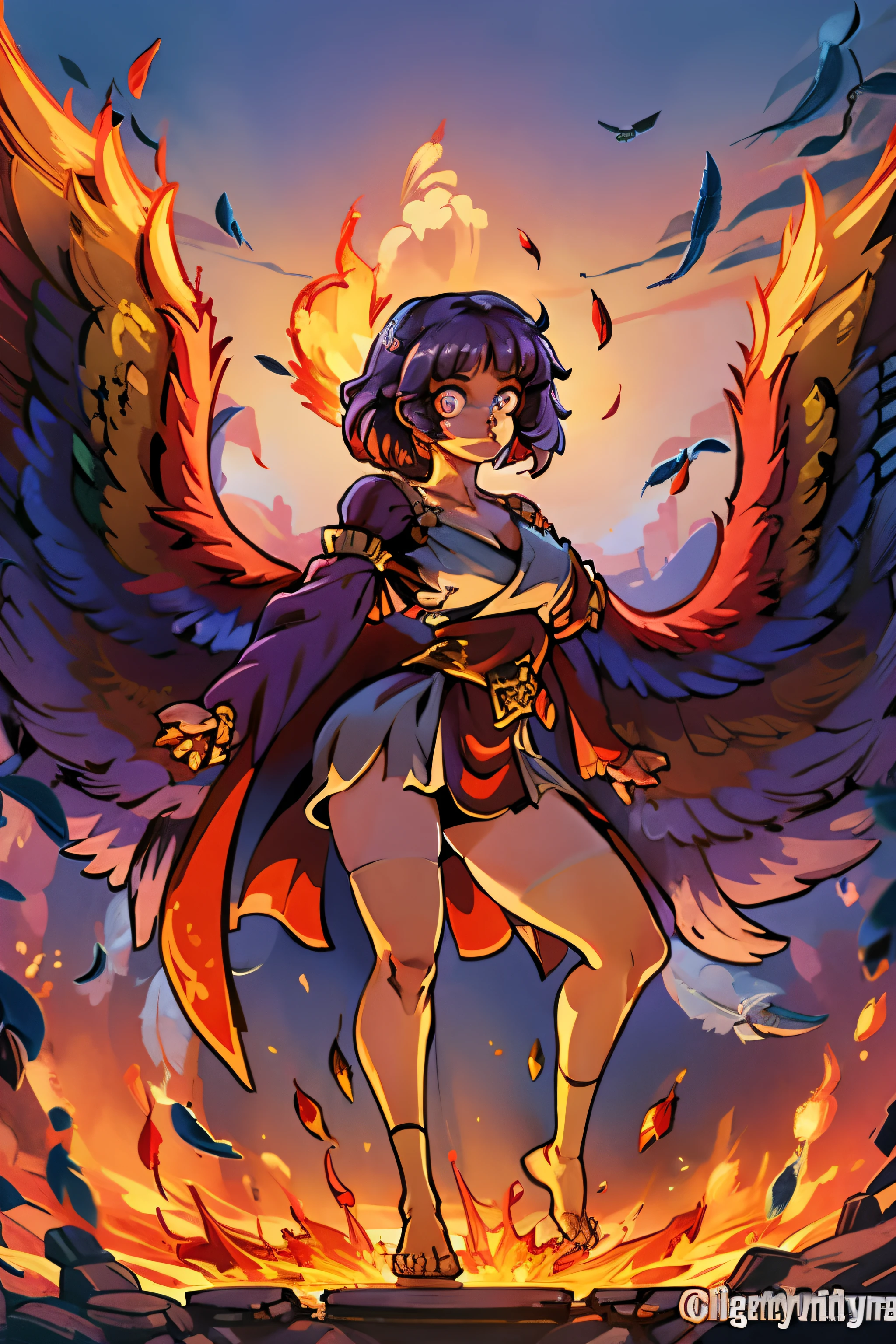 1girl, full body, white feathers, cute face, messy pixie cut hair, tan skin, robes, wings, purple hair, talons for feet, 2 legs, gold eyes, fire magic