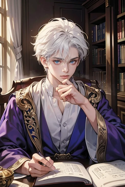 (tmasterpiece, high resolution, ultra - detailed:1.0), (1 boy, Young male), Eyes looking at the camera, Perfect male body, Extremely detailed CG, 8K wallpaper, Complicated details, solo person, Detailed face, color difference, Depth of field, dramatic shadow, Ray tracing, Best quality, Cinematic lighting, dark room lighting, masterpiece, 1guy, white hair, messy hair, blue eyes, beautiful purple eyes, white shirt, sitting at a table, reading a book, magic, portrait, wizard robes, atmosphere: magical library
