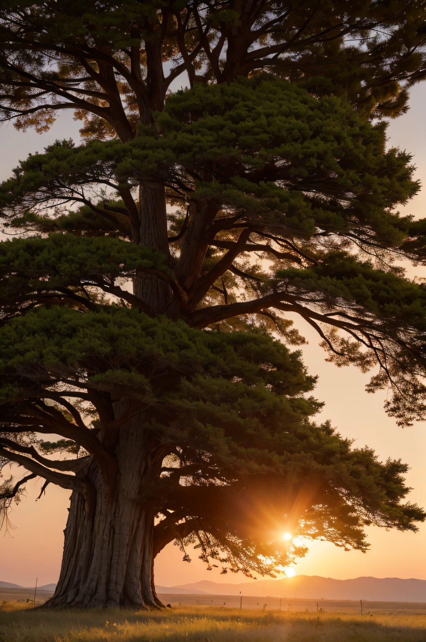 Ultra-clear detailed, There is a huge cedar tree in a prairie, There is only one tree, eventide, evening light, 4K