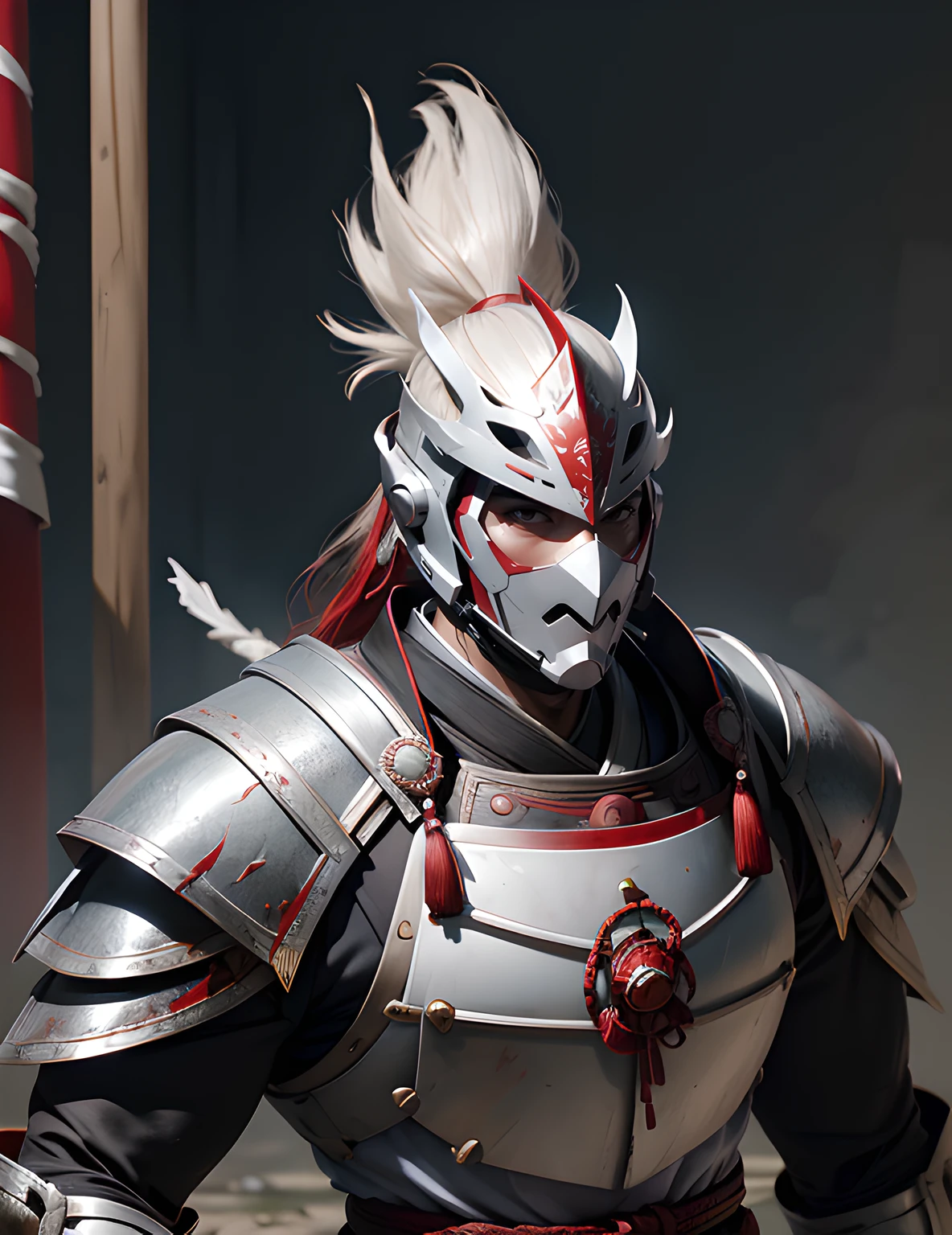 A white-haired samurai man wearing a human skull mask