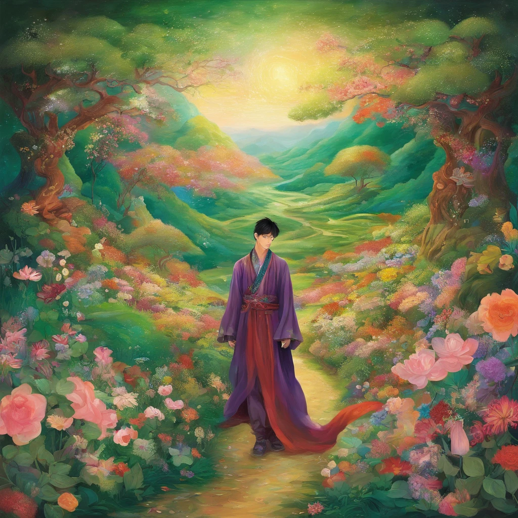 Korean guy in a fairy tale, fantasy, the road of flowers and emeralds