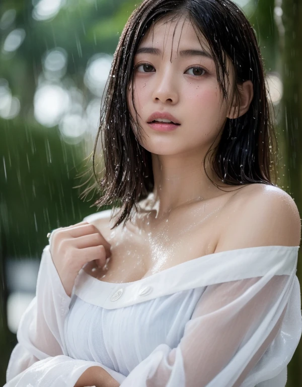 (Top Quality, 8k, Masterpiece: 1.3), ((Beautiful japanese high school student)), Female 1 Person, (Breasts, Attractive Body: 1.2), Abs: 1.1, Dark Brown Hair: 1.1, (Wet Rain, Wet Body: 1.1), Ultra High Detail Face, Detailed Lips, closed Eyes, 