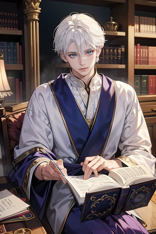 (tmasterpiece, high resolution, ultra - detailed:1.0), (1 boy, Young male), Eyes looking at the camera, Perfect male body, Extremely detailed CG, 8K wallpaper, Complicated details, solo person, Detailed face, color difference, Depth of field, dramatic shadow, Ray tracing, Best quality, Cinematic lighting, dark room lighting, masterpiece, 1guy, white hair, messy hair, blue eyes, beautiful purple eyes, white shirt, sitting at a table, reading a book, magic, portrait, wizard robes, atmosphere: magical library