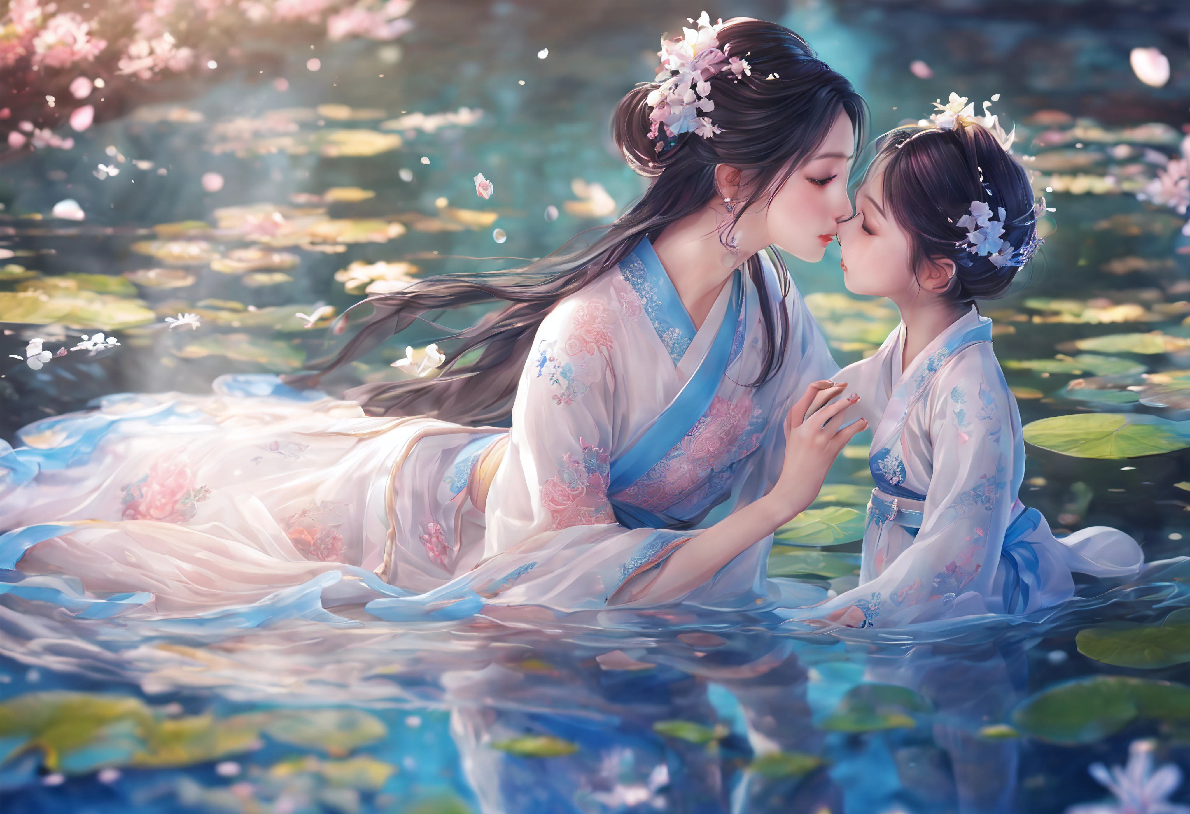 wallpaper anime blue water, beautiful fantasy anime, closeup fantasy with water magic, high definition anime art, Beautiful anime artwork, A beautiful artwork illustration, Beautiful anime art, Anime fantasy artwork, hd anime wallaper, ultra hd anime wallpaper, Anime art wallpaper 4 K, Anime art wallpaper 4k, hd anime wallpaper,(From above, in a panoramic view, Perspective),((Best quality)), ((Masterpiece)), (Detailed),(Dynamic perspective),(1 woman and 1 very young little girl), 1 woman (Kissing) 1 very young little girl (((Wet clothes)),(deep kisses:1.2),(Wet),(Wet body),Patient expression,Transparent,[dress],((((Soggy translucent beauty white hanfu dress，Best lace pattern and beautiful dress，Best embroidery, very long hanfu dress,very long sleeve)),The best decoration, The best wrinkles), Best shadow, ((underwater photography, floating under water, underwater photo, In water,deep water, Floating drowning)), ((1 woman in a lace patterned wedding dress,1 very young little girl in an embroidered hanfu)),Yuri,(Drowning,sink), Many blisters,(Masturbation,wears_Masturbation), 8K resolution