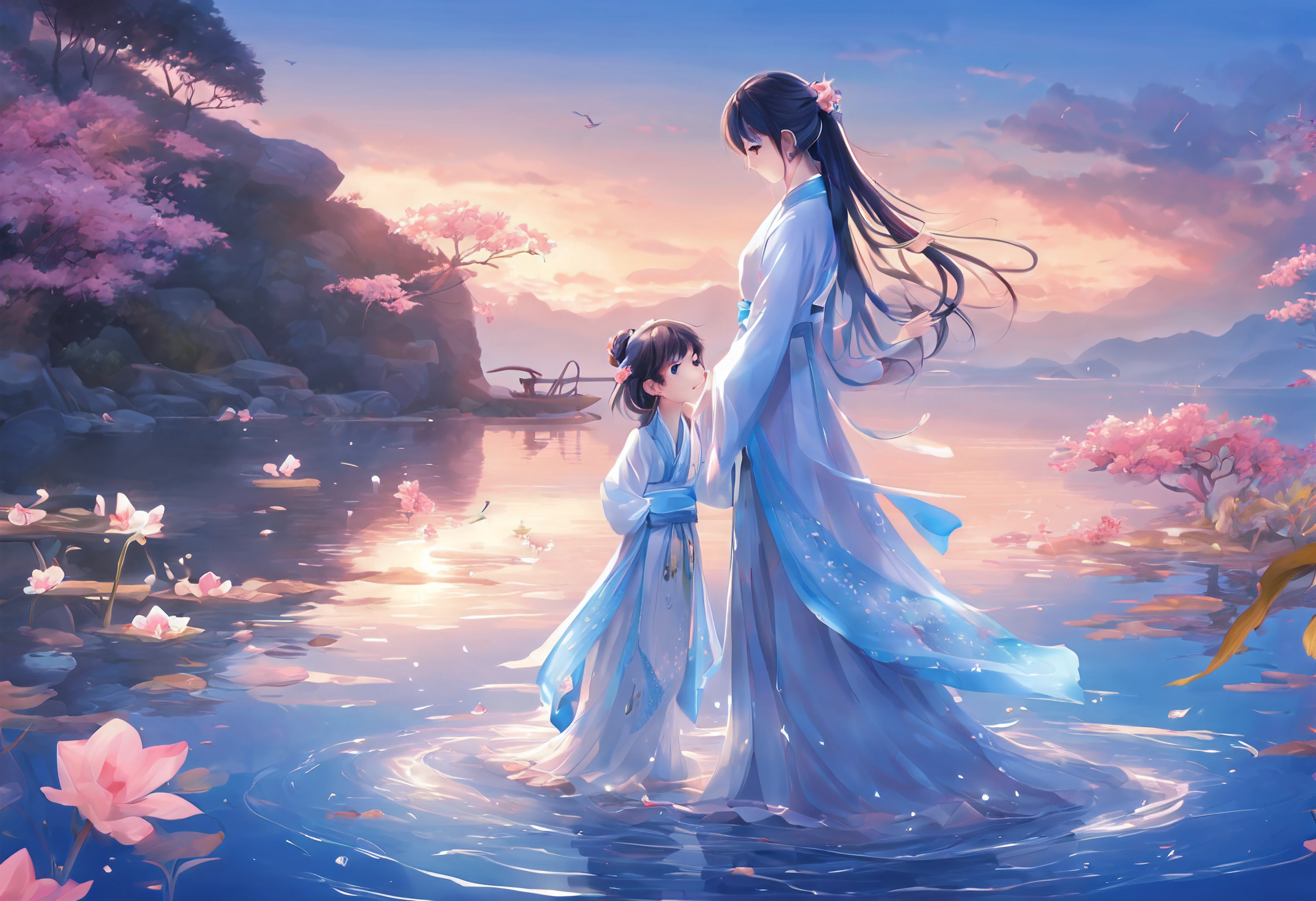 wallpaper anime blue water, beautiful fantasy anime, closeup fantasy with water magic, high definition anime art, Beautiful anime artwork, A beautiful artwork illustration, Beautiful anime art, Anime fantasy artwork, hd anime wallaper, ultra hd anime wallpaper, Anime art wallpaper 4 K, Anime art wallpaper 4k, hd anime wallpaper,(From above, in a panoramic view, Perspective),((Best quality)), ((Masterpiece)), (Detailed),(Dynamic perspective),(1 woman and 1 very young ), 1 woman (Kissing) 1 very young little girlthes)),(deep kisses:1.2),(Wet),(Wet body),Patient expression,Transparent,[dress],((((Soggy translucent beauty white hanfu dress，Best lace pattern and beautiful dress，Best embroidery, very long hanfu dress,very long sleeve)),The best decoration, The best wrinkles), Best shadow, ((underwater photography, floating under water, underwater photo, In water,deep water, Floating drowning)), ((1 woman in a lace patterned wedding dress,1 very young little girl in an embrfu)),Yuri,(Drowning,sink), Many blisters,(Masturbation,wears_Masturbation), 8K resolution