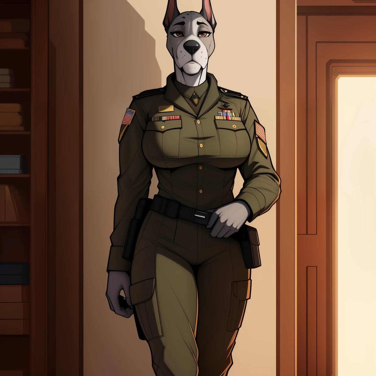 Tall_lanky_muscular_great_dane female gray_furry_body brown_eyes military_officer_uniform large_breasts solo Masterpiece best_quality absurdres highly_detailed cleanly_drawn_eyes anthro_only by_claweddrip, by_greasymojo, by_underscore-b, by_runawaystride