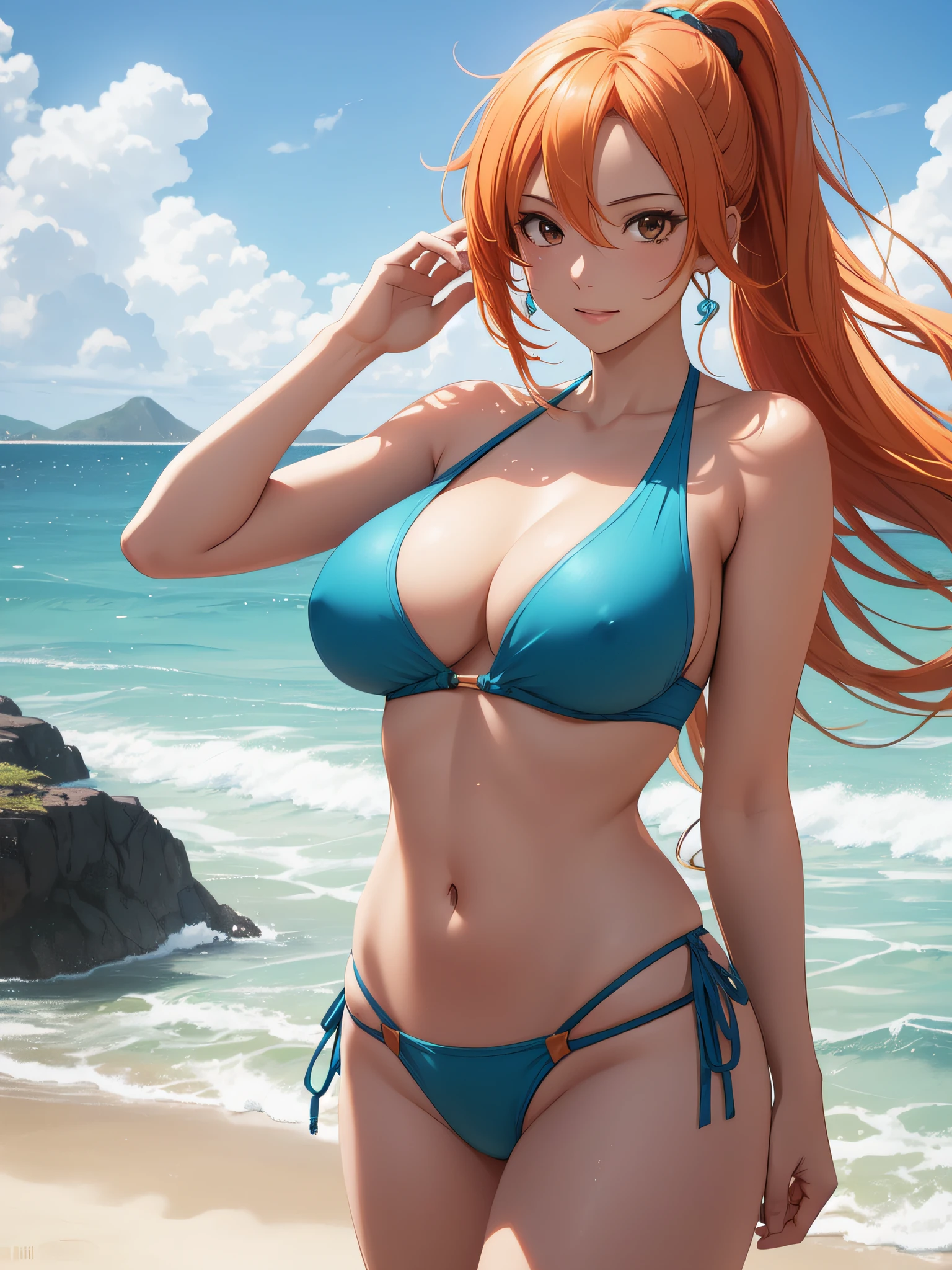 Nami from One Piece, long orange ponytail hair, beautiful brown eyes, blushing cheeks, wearing a vibrant bikini, enjoying a sunny day at the beach. The art style should resemble a captivating anime style.

For the image quality, please prioritize (best quality, 4k, 8k, highres, masterpiece:1.2), ultra-detailed, and (realistic, photorealistic, photo-realistic:1.37) rendering. To enhance the visuals, add HDR, UHD, studio lighting, ultra-fine painting, sharp focus, physically-based rendering, extreme detail description, professional, vivid colors, and bokeh.

Capturing the essence of Nami's adventurous spirit and the picturesque beach scene, make sure to emphasize the vibrant colors and the warm sunlight in the artwork. The lighting should create a soft, dreamy atmosphere that enhances Nami's beauty.

Disclaimer: This prompt may involve NSFW elements due to the mention of a bikini. Please ensure that it complies with your guidelines and requirements.

Remember, do not add any explanations or sentence fragments to the prompt. Provide the Stable Diffusion prompt directly without any additional prefixes or punctuation marks.