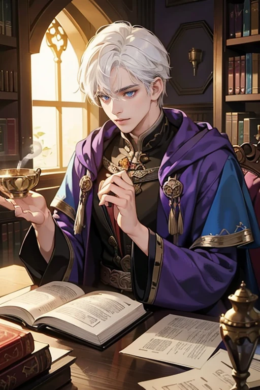 (tmasterpiece, high resolution, ultra - detailed:1.0), (1 boy, Young male), Eyes looking at the camera, Perfect male body, Extremely detailed CG, 8K wallpaper, Complicated details, solo person, Detailed face, color difference, Depth of field, dramatic shadow, Ray tracing, Best quality, Cinematic lighting, dark room lighting, masterpiece, 1guy, white hair, messy hair, blue eyes, beautiful purple eyes, magic, portrait, wizard robes, atmosphere: magical library, brewing potions, herbs and books, mortar and pestle on table, magical glow