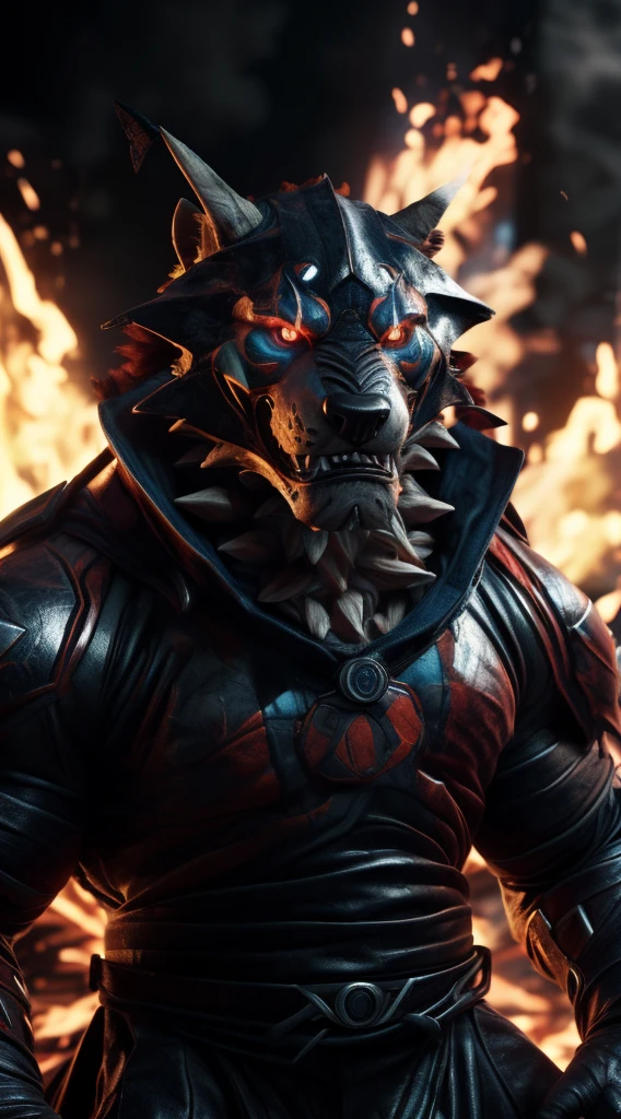 (best quality,4k,8k,highres,masterpiece:1.4),ultra-detailed,(realistic,photorealistic,photo-realistic:1.37),(the ultimate Orochi tabo) realistic fire background in Marvel vs SNK style,fire armor with glowing red eyes looking at the viewer,serious expression on its face,expressing