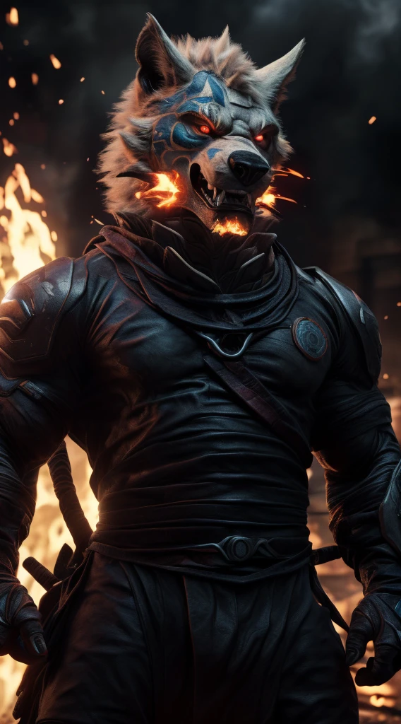 (best quality,4k,8k,highres,masterpiece:1.4),ultra-detailed,(realistic,photorealistic,photo-realistic:1.37),(the ultimate Orochi tabo) realistic fire background in Marvel vs SNK style,fire armor with glowing red eyes looking at the viewer,serious expression on its face,expressing