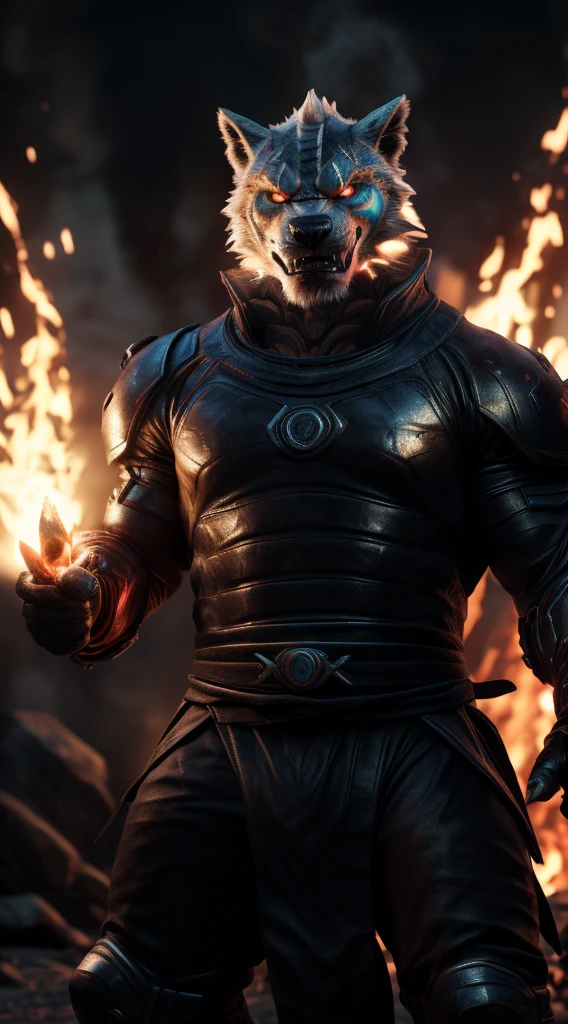 (best quality,4k,8k,highres,masterpiece:1.4),ultra-detailed,(realistic,photorealistic,photo-realistic:1.37),(the ultimate Orochi tabo) realistic fire background in Marvel vs SNK style,fire armor with glowing red eyes looking at the viewer,serious expression on its face,expressing