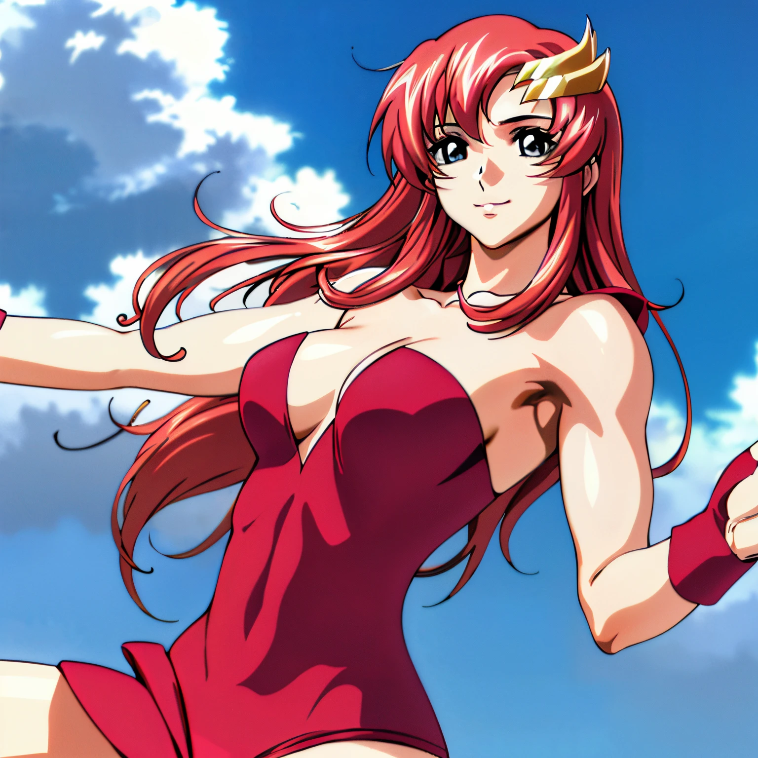 (masterpiece, armpit lines, upper body view, 4K, Best Quality, Anime style: 1.9, far view, Adult Woman, (stretching), ultra detailed face, (cloud background, wrestling), Drawing lines, high resolution, Anime, lacus4), 1girl, Solo, curvy figure, Long hair, 鎖骨, scapular, (Detailed wide hair bangs, Hair Ornament, Detailed reddish-pink hair, shiny streaks, hair cover shoulders, golden crest), cleavage, large hands, (female wrestler). (Big blue eyes, shiny eyes), ((female wrestler, (slim body), , little biceps, closed fists, thighs)), ((perfect proportions, medium breasts, long belly)), (((red strapless, neck band))), happy, smile, (standing, looking at the viewer)