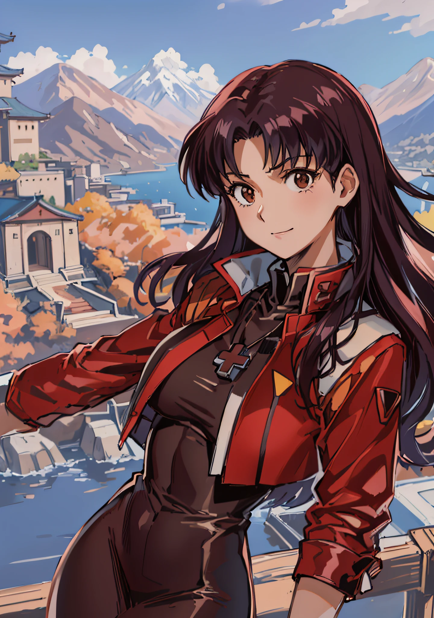 (masutepiece),(Best Quality), Katsuragi Misato, Black Dress, Brown eyes,  Cross Necklace, High Collar Dresses,  Red jacket, on a bridge, Close, Outside, The Distant Japan Castle, lake, Persistent stare, Sharp eyes, mountainscape,