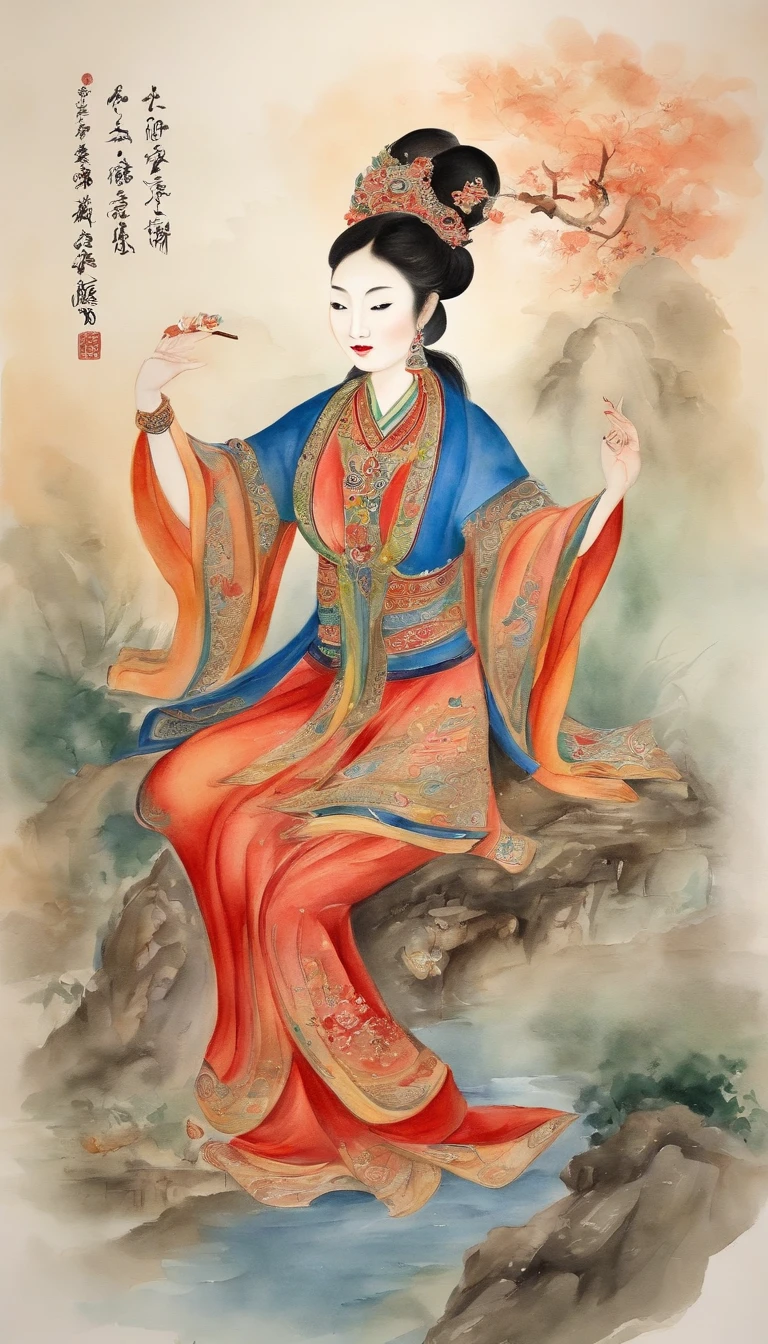 Chinese creation mythological scene, 5 characters in total:Female fairy,Raise both hands,tilt to the sky,Colorful fairy skirt,Hands holding colorful sacred stones,There is a hole in the sky。Ancient Chinese mythological environment,4 Extreme details,Chinese books《Chinese mythology and stories》