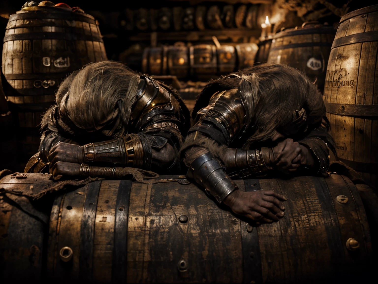 Drunken Medieval ((knights)) in Armor are ((sleeping)) among empty beer kegs and barrels, medieval painting, empty beer cans scattered around, in cave, eerie atmosphere