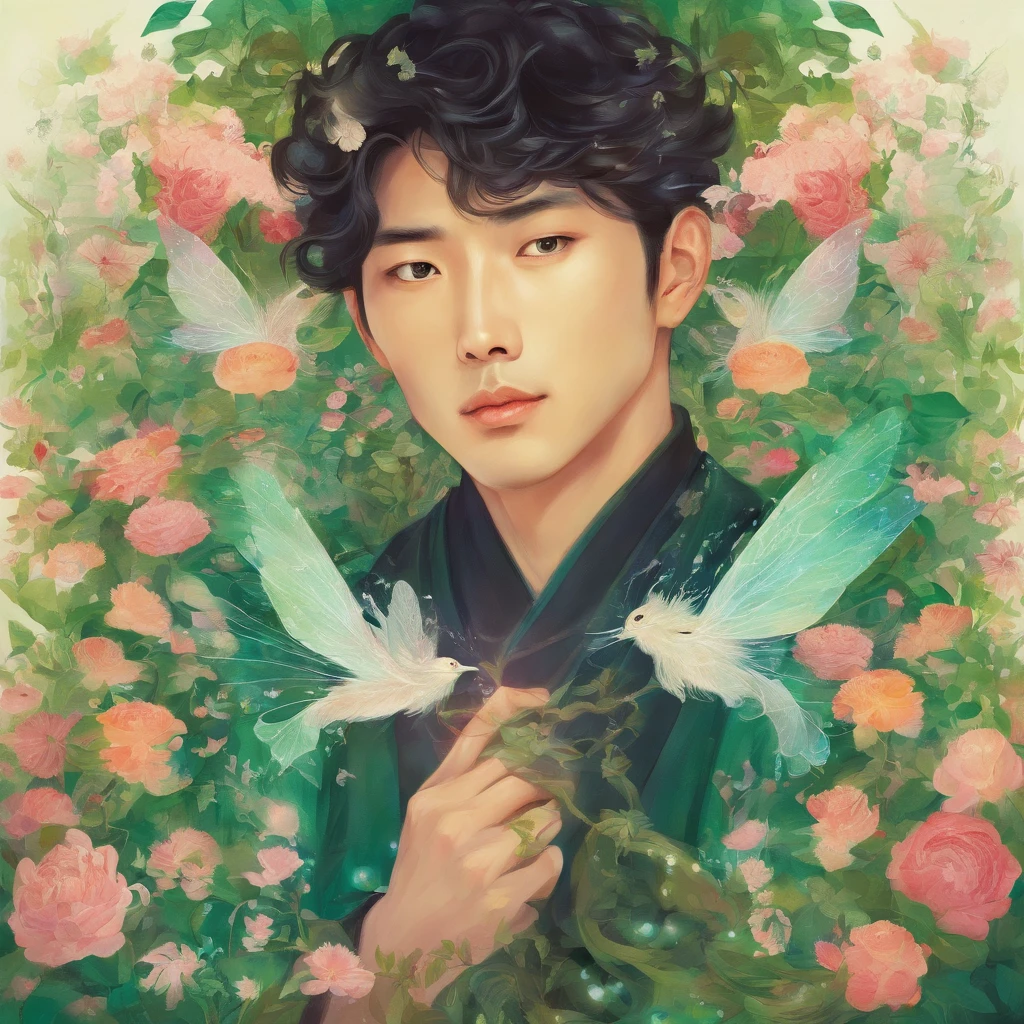 Korean guy in a fairy tale, Fantasy, road of flowers and emeralds