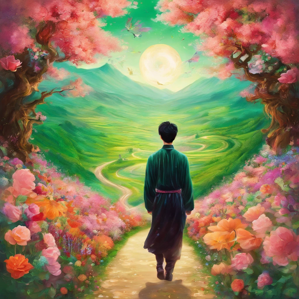 Korean guy in a fairy tale, Fantasy, road of flowers and emeralds