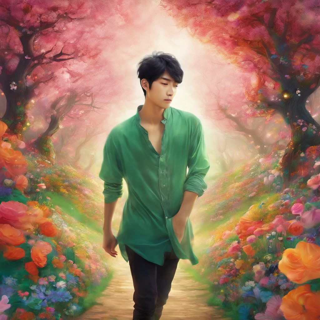 Korean guy in a fairy tale, Fantasy, road of flowers and emeralds