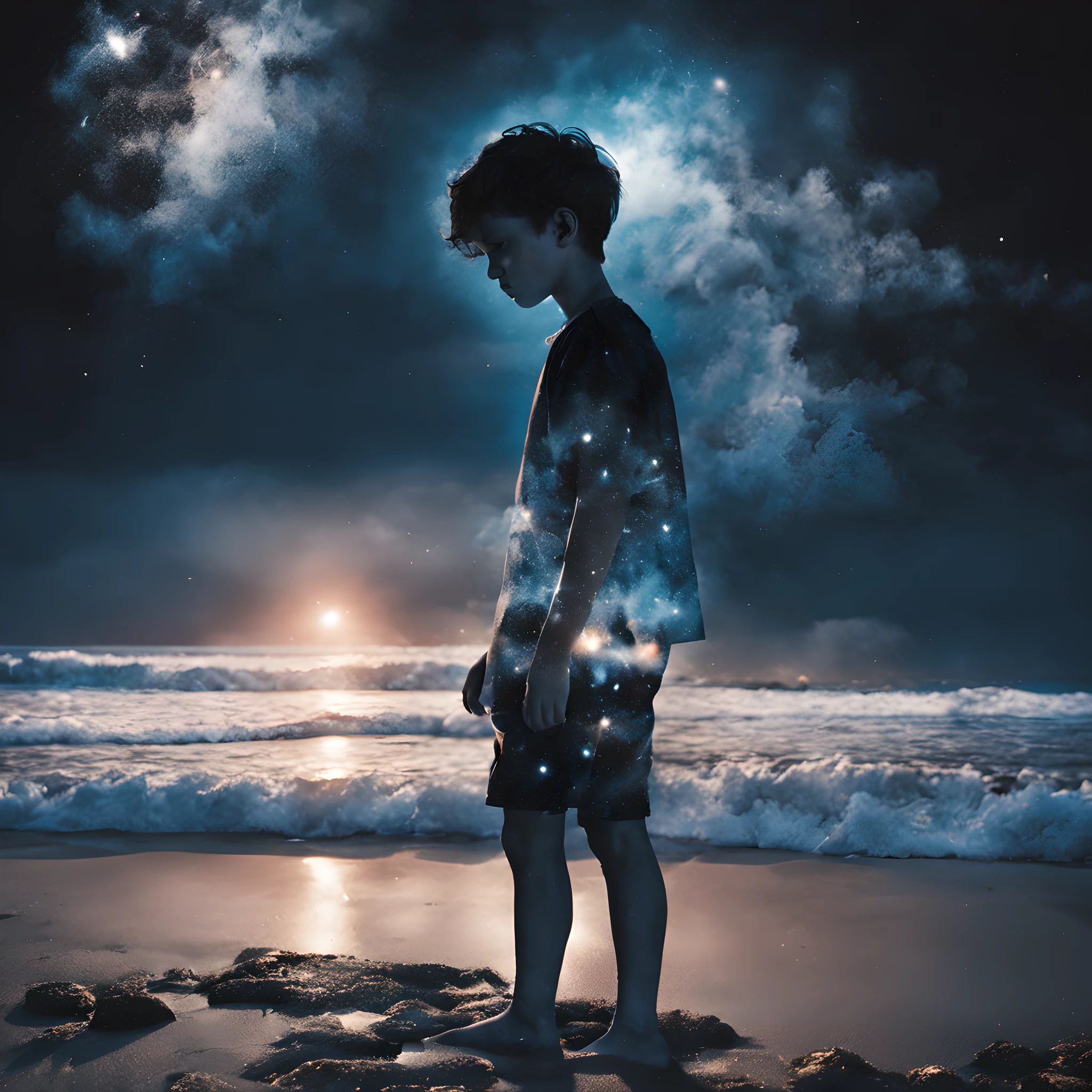 Double Exposure, (boy), beach, night