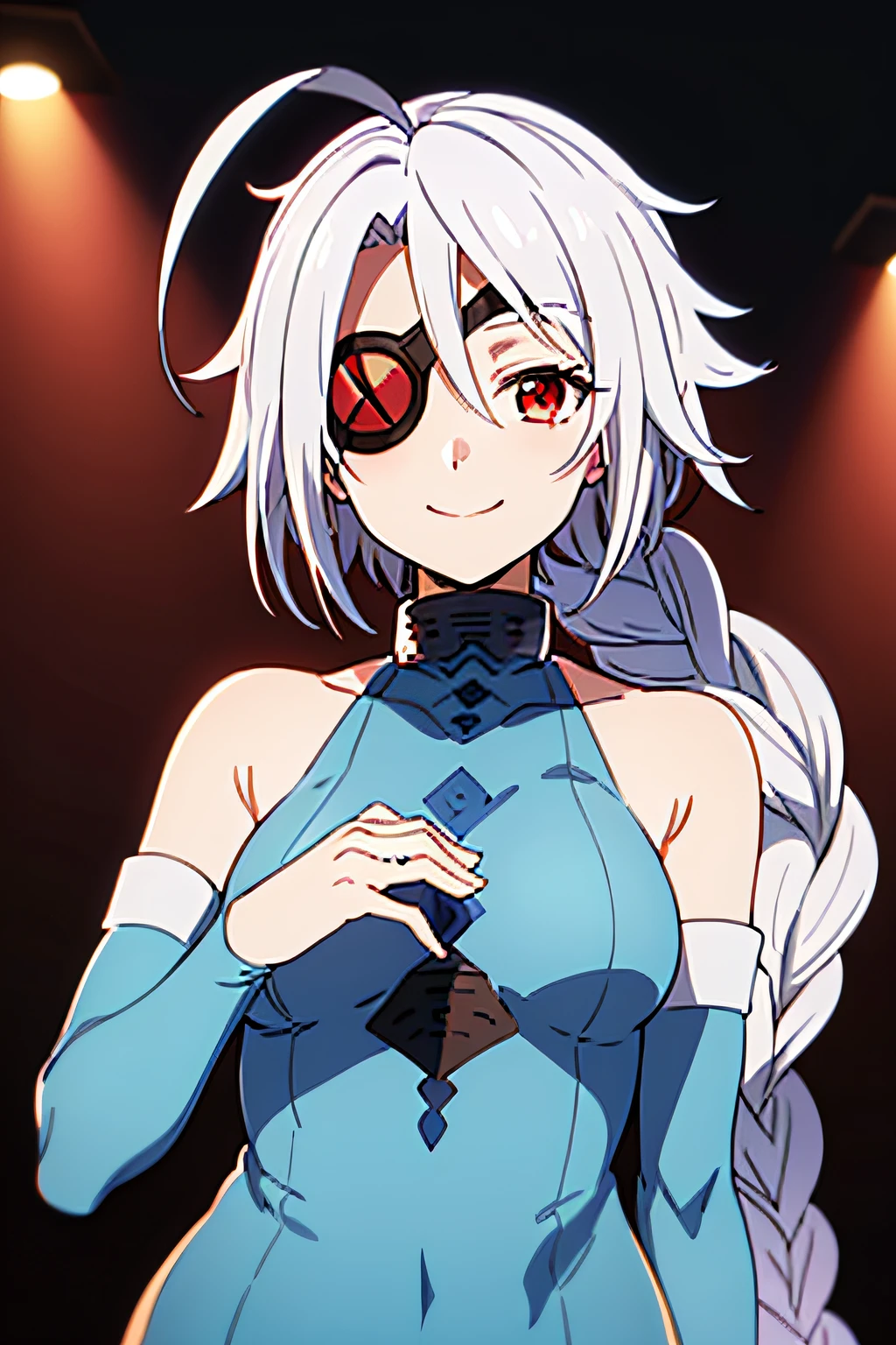 Nu-13, red eyes, white hair, braid, ahoge, eyepatch, unitard, (skin tight), single braid, ahoge, bare shoulders, detached sleeves, bridal gauntlets, 1girl, solo, upper body, facing viewer, looking at viewer, smile,