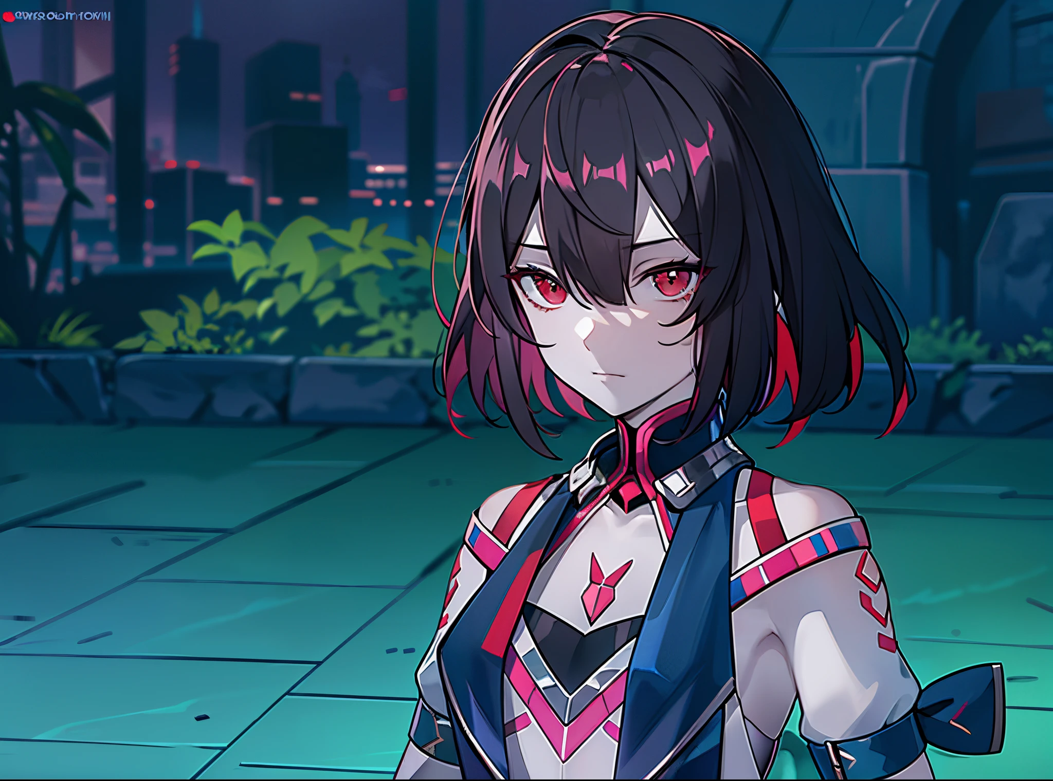 Anime girl with black hair and red eyes standing in a courtyard - SeaArt AI