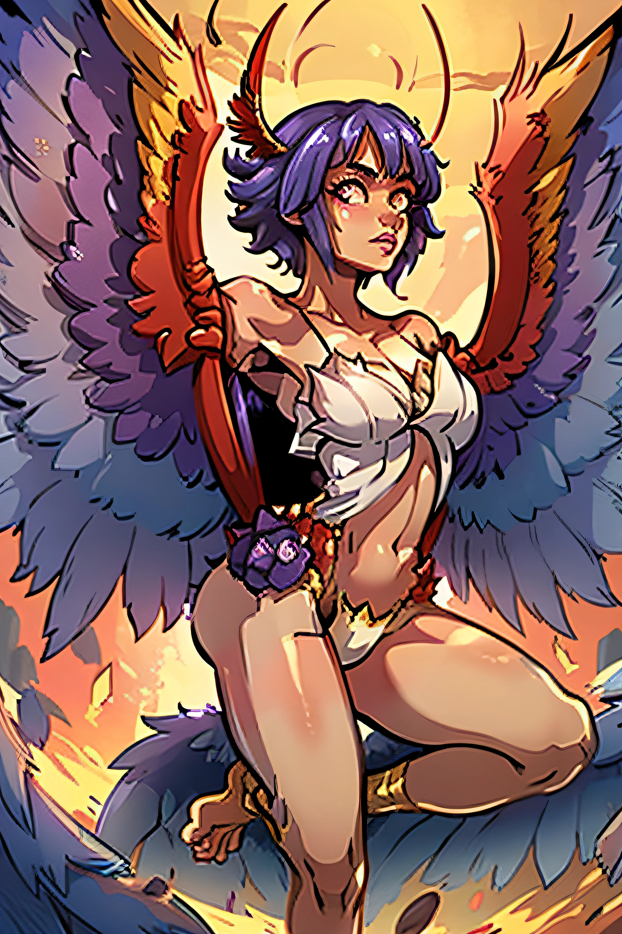 1girl, full body, white feathers, cute face, messy pixie cut hair, tan skin, robes, wings, purple hair, talons for feet, 2 legs, gold eyes, fire magic, Ultra-detailed face, Highly Detailed Lips, Detailed Eyes