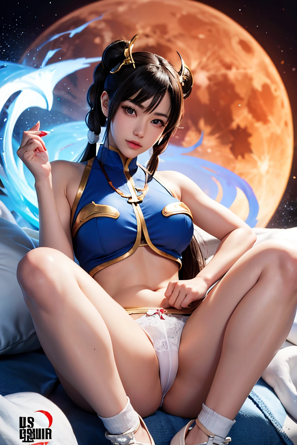 chun-li from street fighters series , white panty , in the streets , red moon , perfect eyes ,