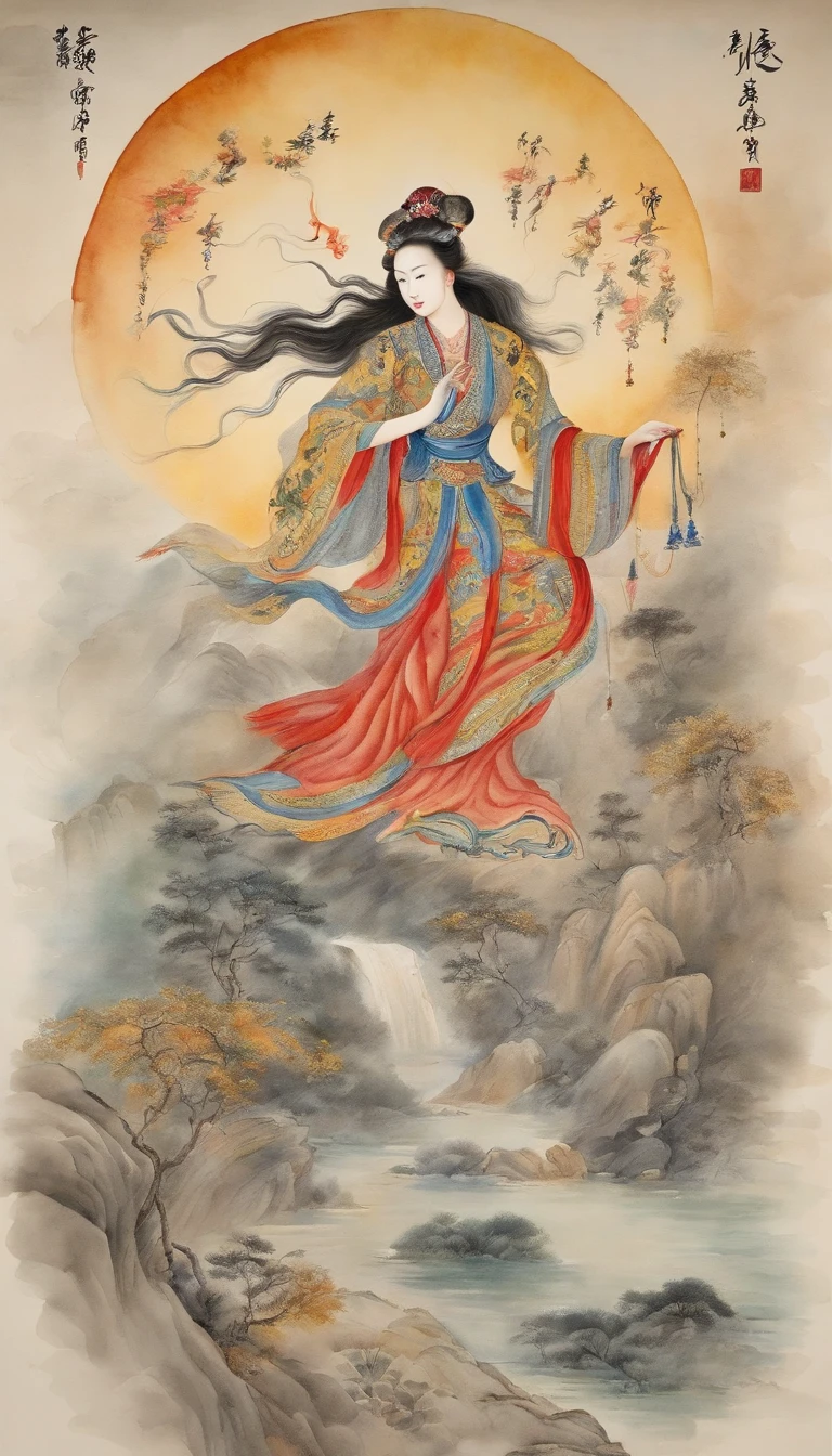 Chinese creation mythological scene, 5 characters in total:Female fairy,Raise both hands,tilt to the sky,Colorful fairy skirt,Hands holding colorful sacred stones,There is a hole in the sky。Ancient Chinese mythological environment,4 Extreme details,Chinese books《Chinese mythology and stories》