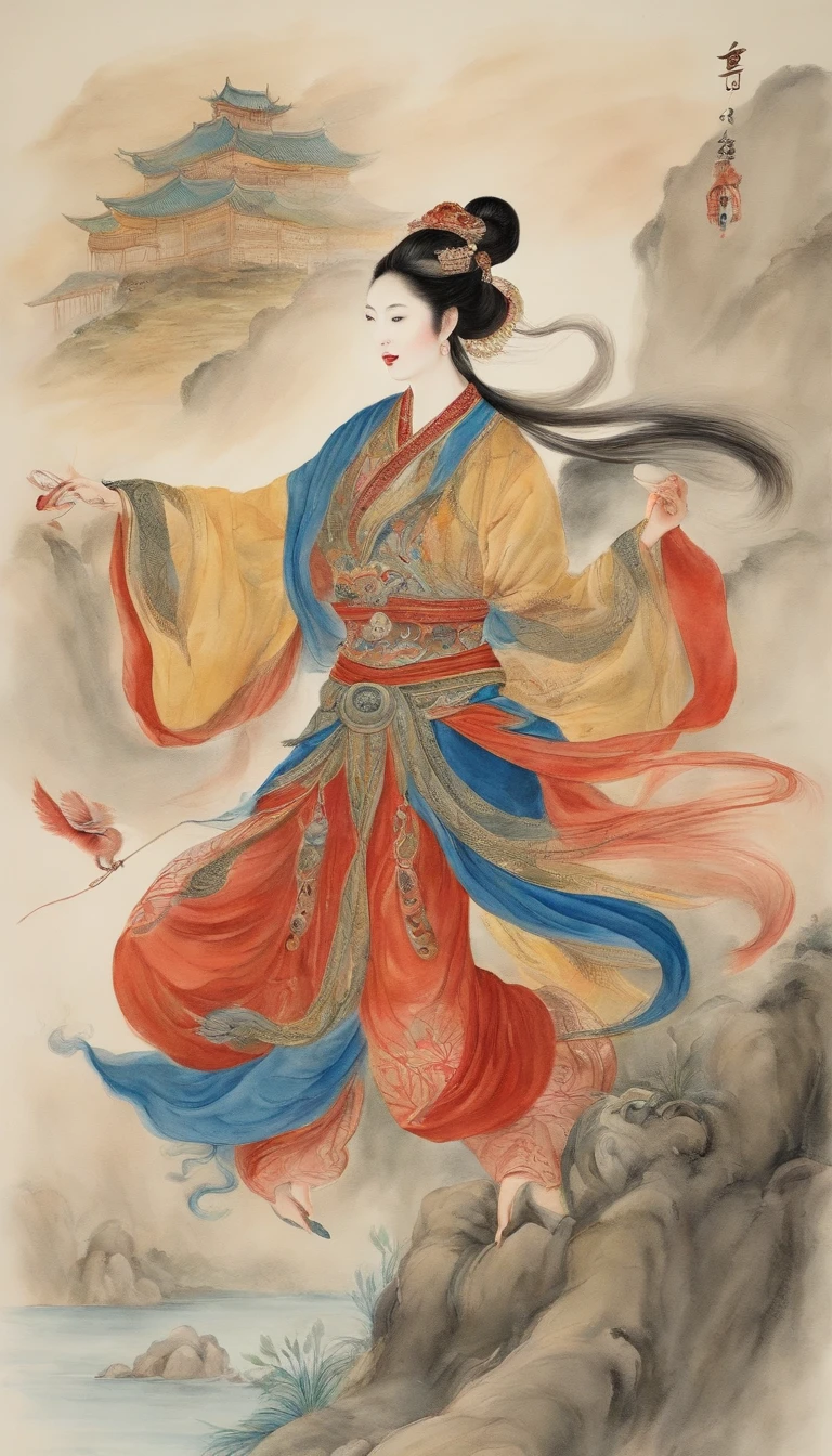 Chinese creation mythological scene, 5 characters in total：Female fairy，Raise both hands，tilt to the sky，Colorful fairy skirt，Hands holding colorful sacred stones，There is a hole in the sky。Ancient Chinese mythological environment，4 Extreme details，Chinese books《Chinese mythology and stories》