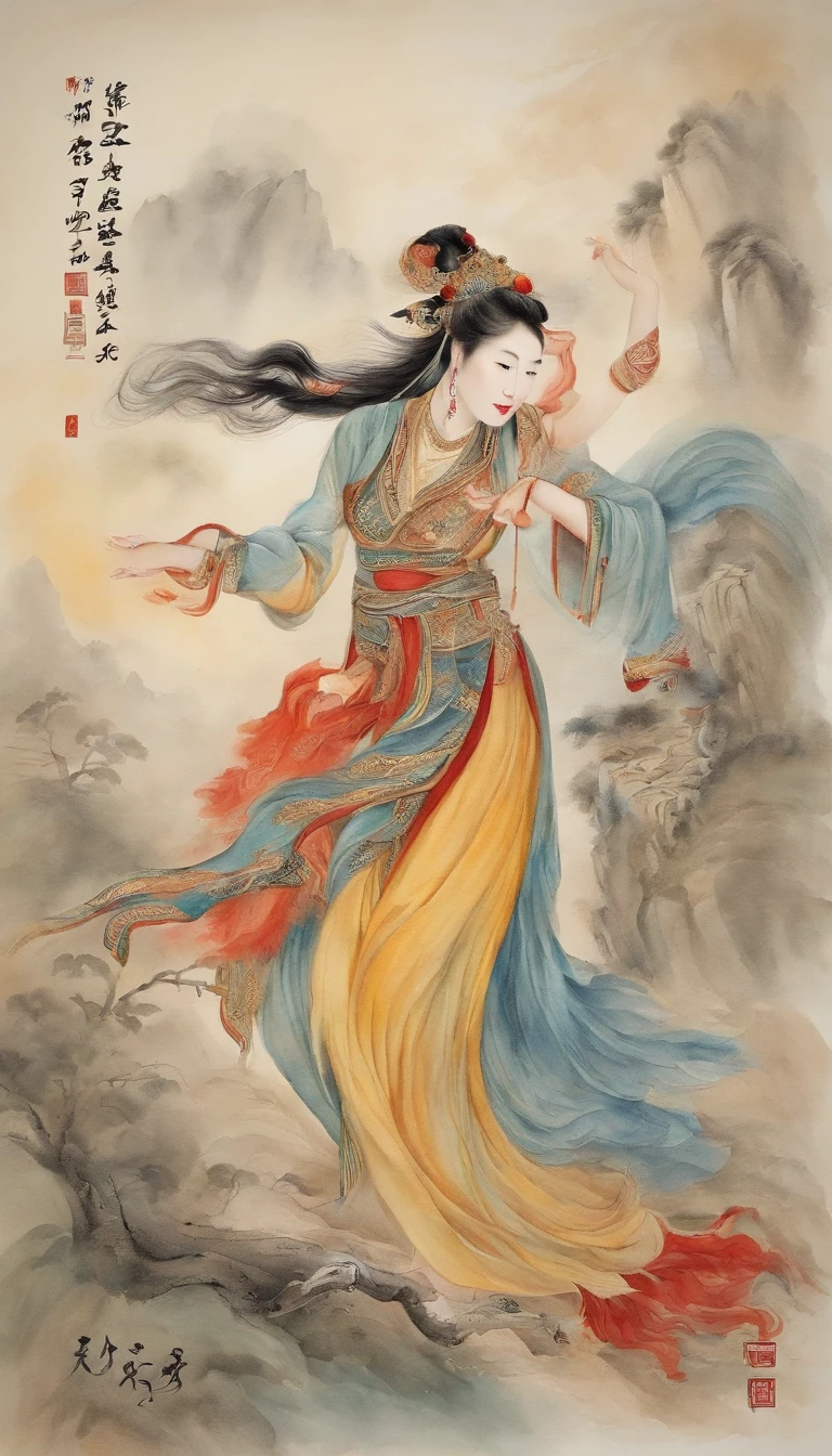 Chinese creation mythological scene, 5 characters in total：Female fairy，Raise both hands，tilt to the sky，Colorful fairy skirt，Hands holding colorful sacred stones，There is a hole in the sky。Ancient Chinese mythological environment，4 Extreme details，Chinese books《Chinese mythology and stories》