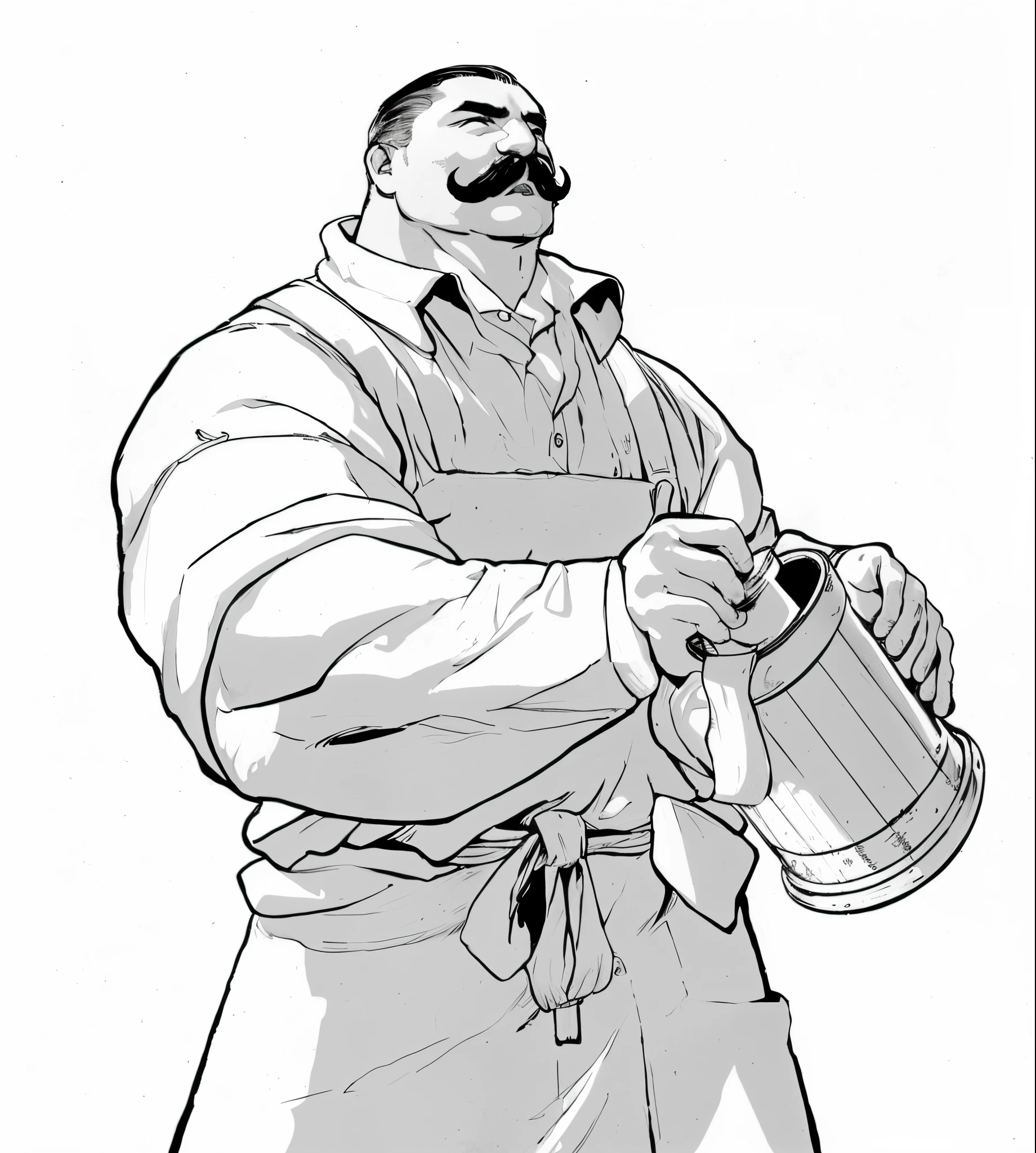 One with a mustache、man with mustache,Man holding a wooden beer mug in his hand,Fill in color,