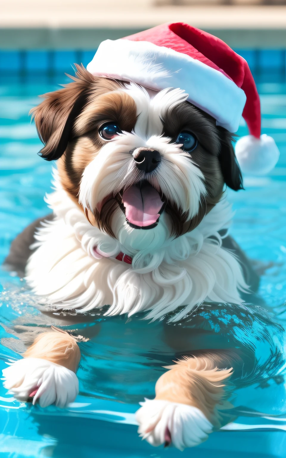 wear santa hat, hyper Quality,Cute two Shih Tzu puppies,different body colors,swimming in the pool,smile,black eyes,barking,narrow eyes,smile,eos r3 28mm