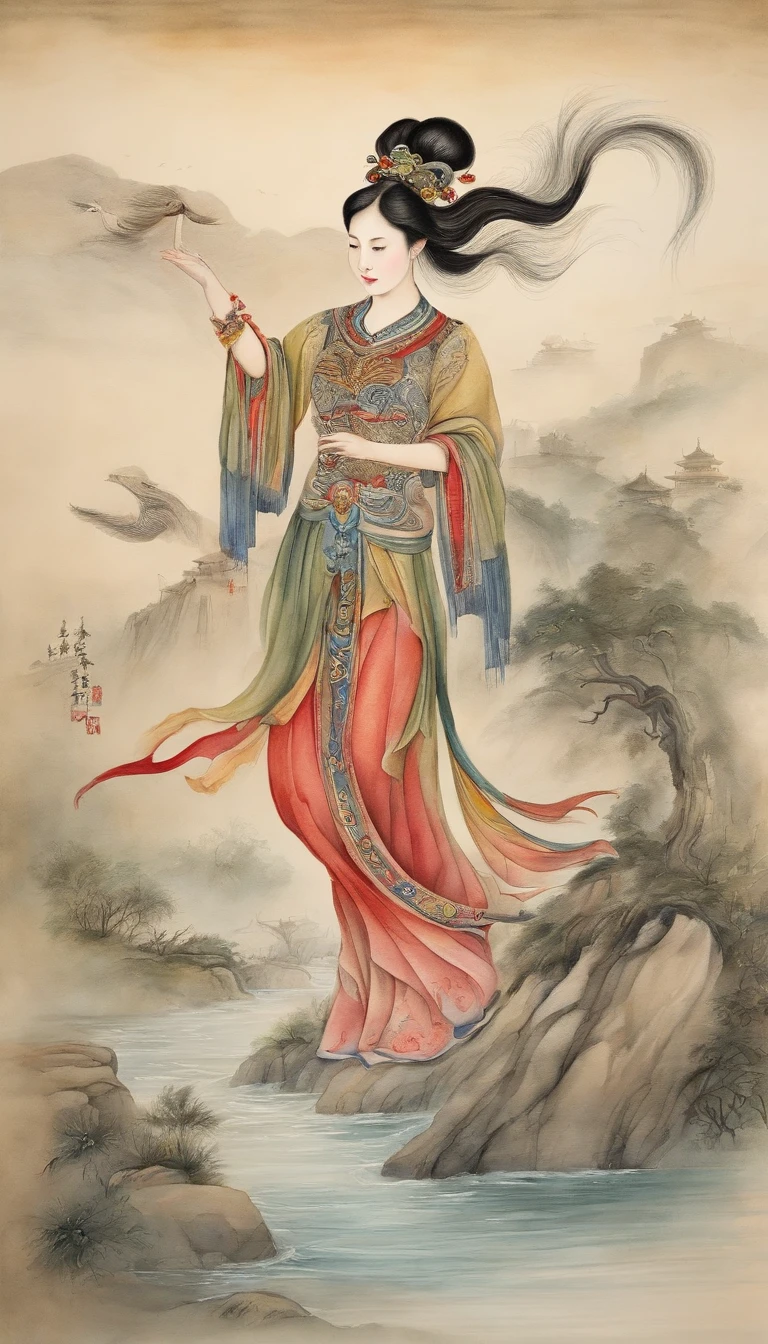 Chinese creation mythological scene, 5 characters in total：Female fairy，Raise both hands，tilt to the sky，Colorful fairy skirt，Hands holding colorful sacred stones，There is a hole in the sky。Ancient Chinese mythological environment，4 Extreme details，Chinese books《Chinese mythology and stories》