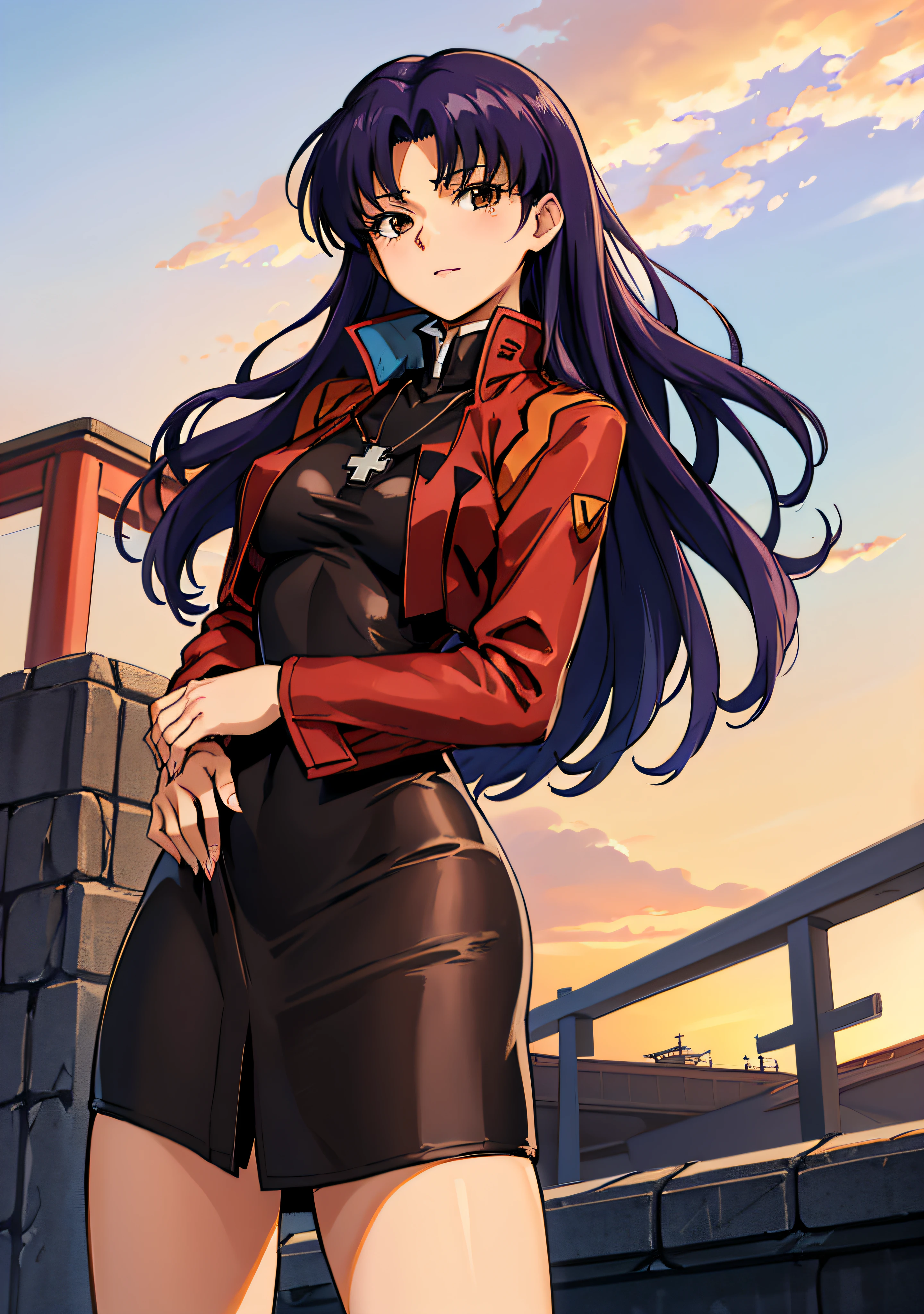 (masutepiece),(Best Quality), Katsuragi Misato, see-through black dress,、 Brown eyes,  Cross Necklace, High Collar Dresses,  Red jacket, on a bridge, Close, Outside, The Distant Japan Castle, lake, Persistent stare, Sharp eyes, Spread your legs apart、sexy langeries