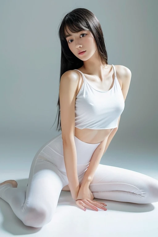 1 girl in、full body Esbian、A dark-haired、The long-haired、Shoulders exposed、Unclear、Detailed clothing、White Yoga Pants、Unclear、White tank top、yoga mats、Open Legs Pose、(delicate illustration:1.4)、(masterpiece:1.0)、(top-quality:1.4)、(超A high resolution:1.2)、(Photorealsitic:1.4)、(8K、Raw photography:1.2)、(softfocus:1.4)、(18year old:1.3)、(foco nítido:1.4)、detailed beautiful faces