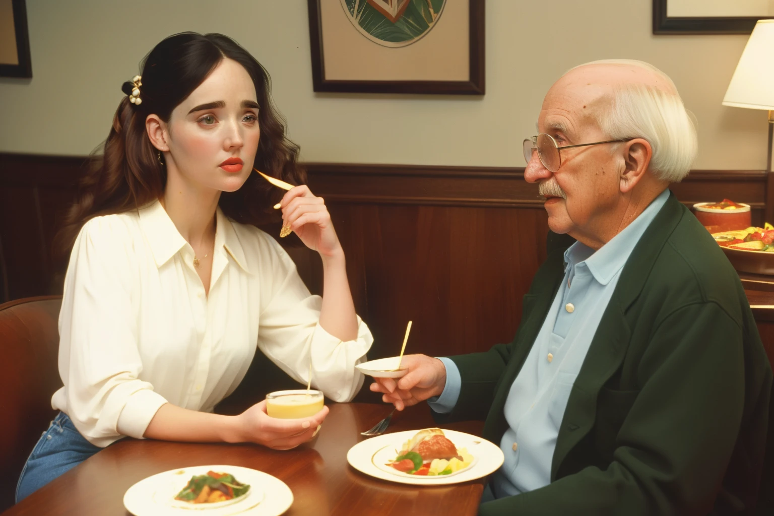 1995, Boston, Massachusetts. Pre-raphaelite ((((40-year-old)) Jennifer Connelly)), having lunch with her ((old grandfather)), restaurant, ((happy)), ((((casual Clothing from the 1990s)))) ((Hairstyle of the 1990s)), ((Wes Anderson cinematic style)), colorful