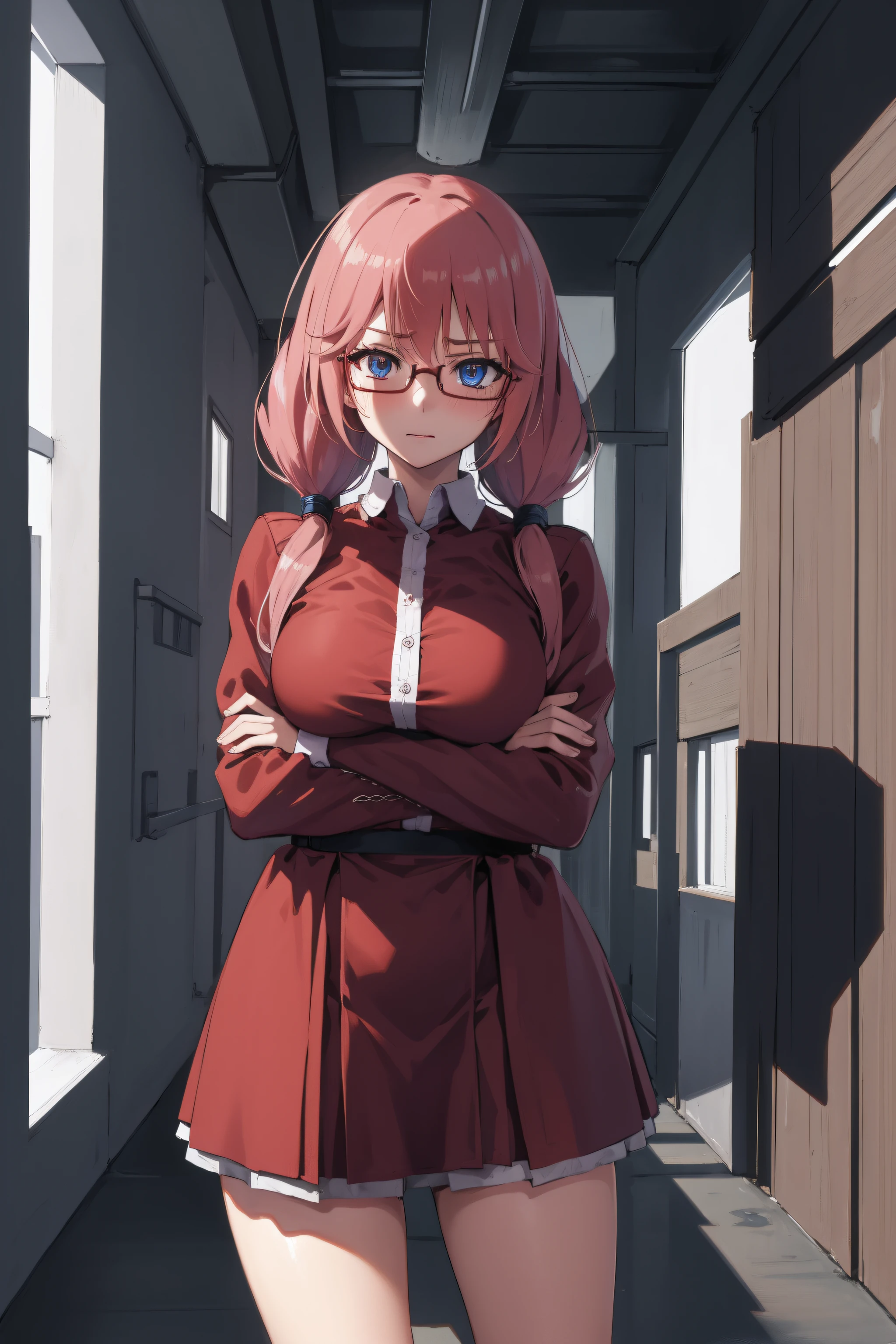 airisakura, airi sakura, blue eyes, glasses, long hair, pink hair, (low twintails:1.5),
BREAK glasses, red dress with a red cape,
BREAK looking at viewer, full body, (cowboy shot:1.5),crossed arms,angry, pov, 
BREAK indoors, classroom,
BREAK (masterpiece:1.2), best quality, high resolution, unity 8k wallpaper, (illustration:0.8), (beautiful detailed eyes:1.6), extremely detailed face, perfect lighting, extremely detailed CG, (perfect hands, perfect anatomy),