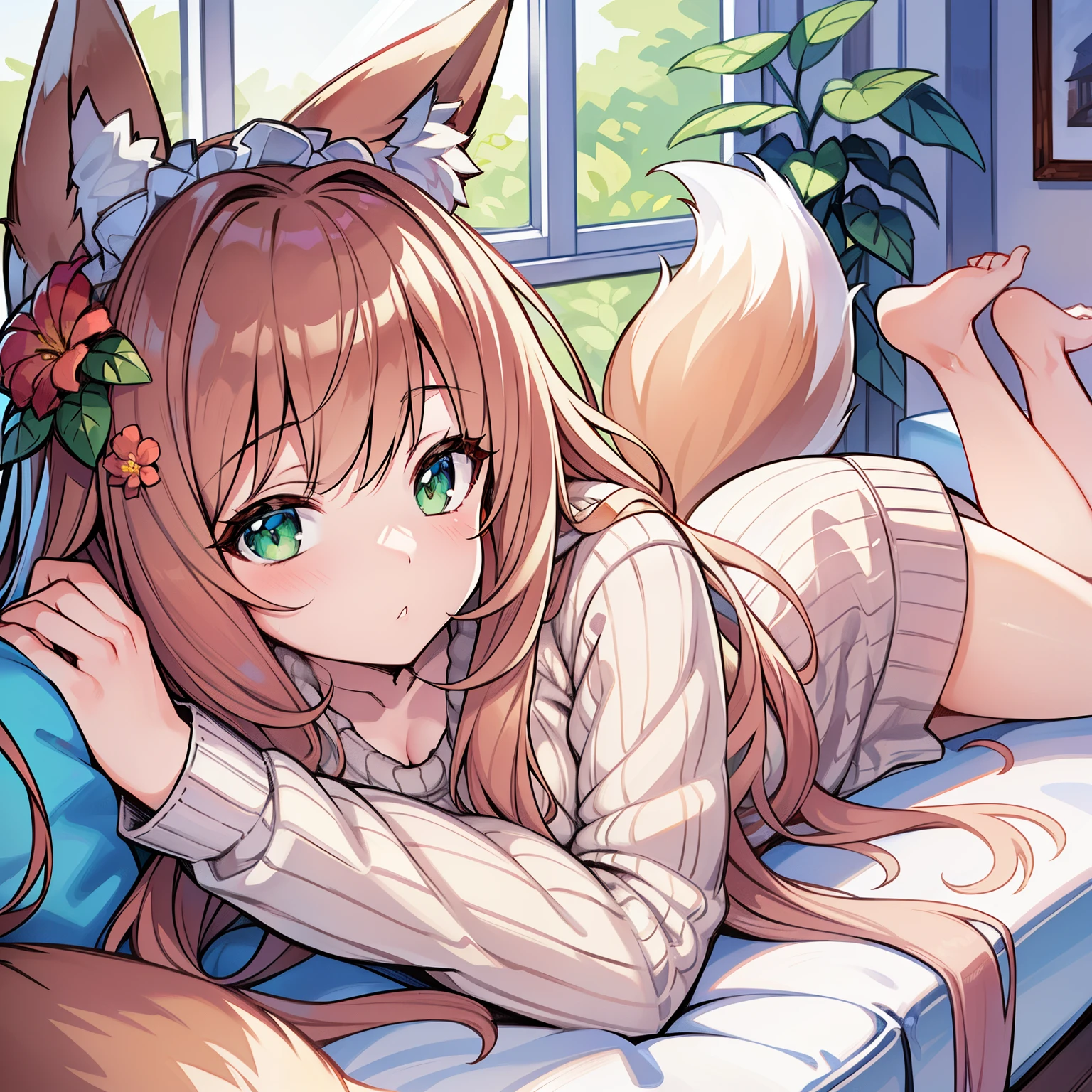 best quality,best resolution,(fluffy anthro furry: 1.6),cat girl,brown long hair,wavy hair,blue eyes,golden fur,gold fox ears,naked,luxury bedroom,night,crawling in bed,full face blush,flowers hairpin,looking at viewer,shy face,low angle