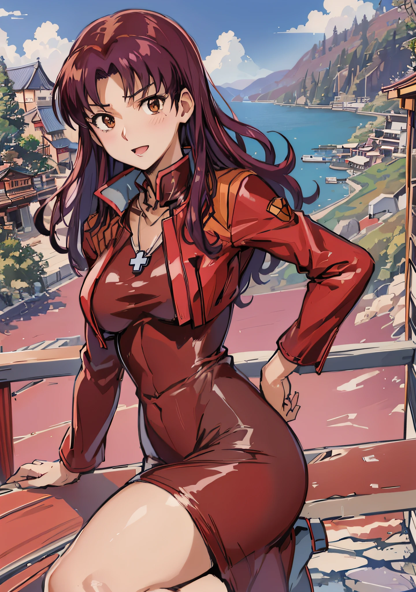 (masutepiece),(Best Quality), Katsuragi Misato, fullnude、Seductive underwear,、 Brown eyes,  Cross Necklace,,  Red jacket, on a bridge,  Outside, The Distant Japan Castle, lake, Persistent stare, Sharp eyes, Spread your legs apart、sexy langeries