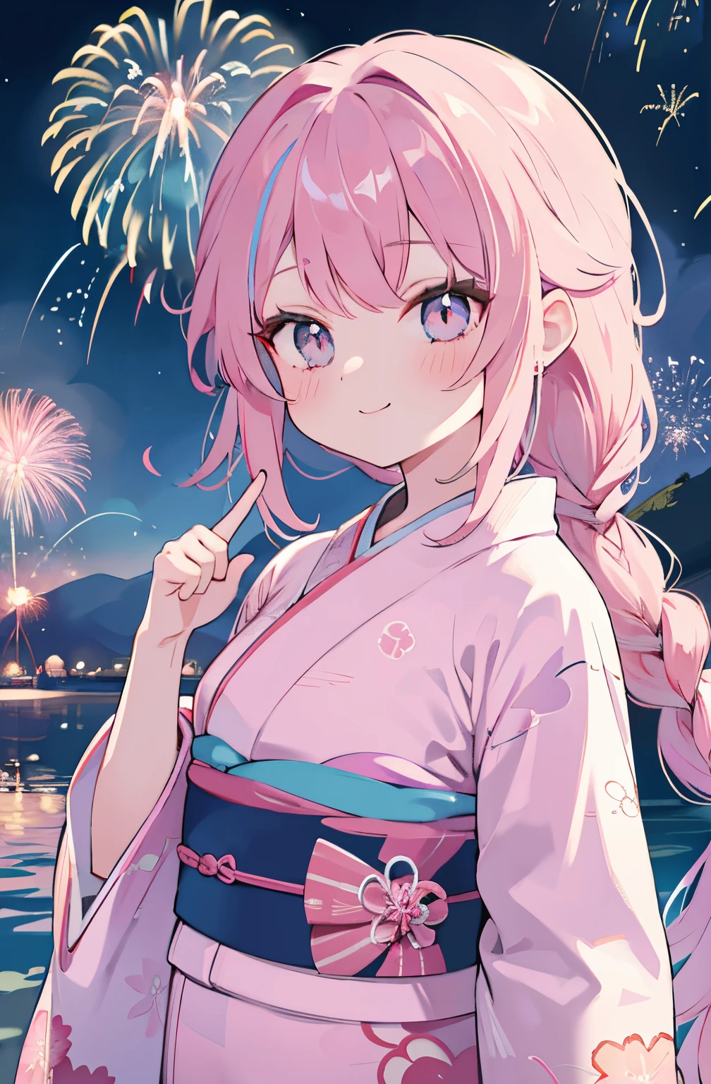 1 girl, full-point fireworks, solo, night time, kimono, upper body (Upper body), eyes are pink, bangs, looking at viewer, long hair, outdoor -, sky porn, pink hair, night sky, floating hair, watching fireworks, ((smile)) aerial fireworks, yukata, closed mouth (mastepiece, 8K, best masterpiece,) pink yukata, delicate eyes, pointing fireworks, cute, (((((long hair))))