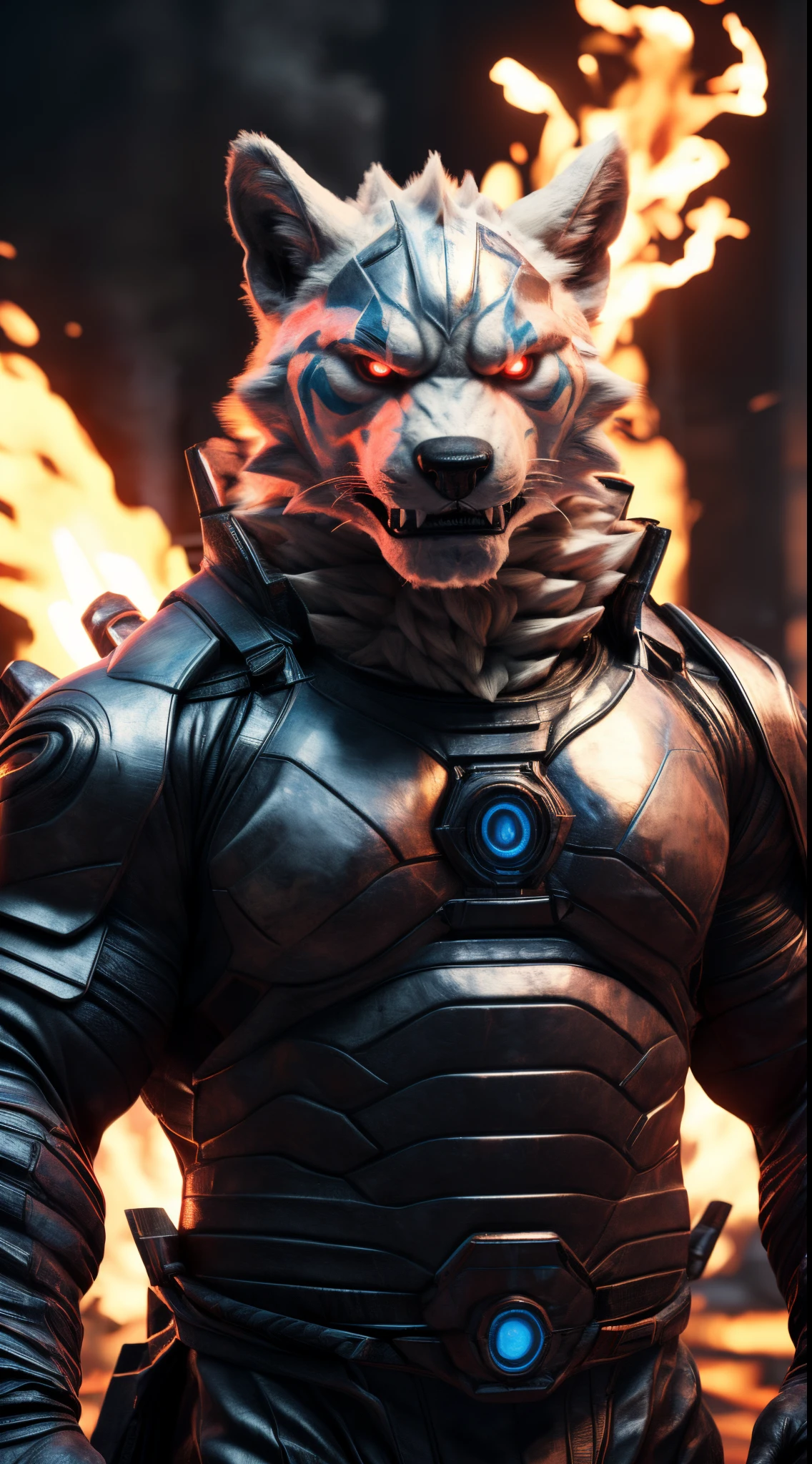 (best quality,4k,8k,highres,masterpiece:1.4),ultra-detailed,(realistic,photorealistic,photo-realistic:1.37),(Orochi Tano) realistic fire background in Marvel vs SNK style,fire armor with glowing red eyes looking at the viewer,serious expression on its face,expressing